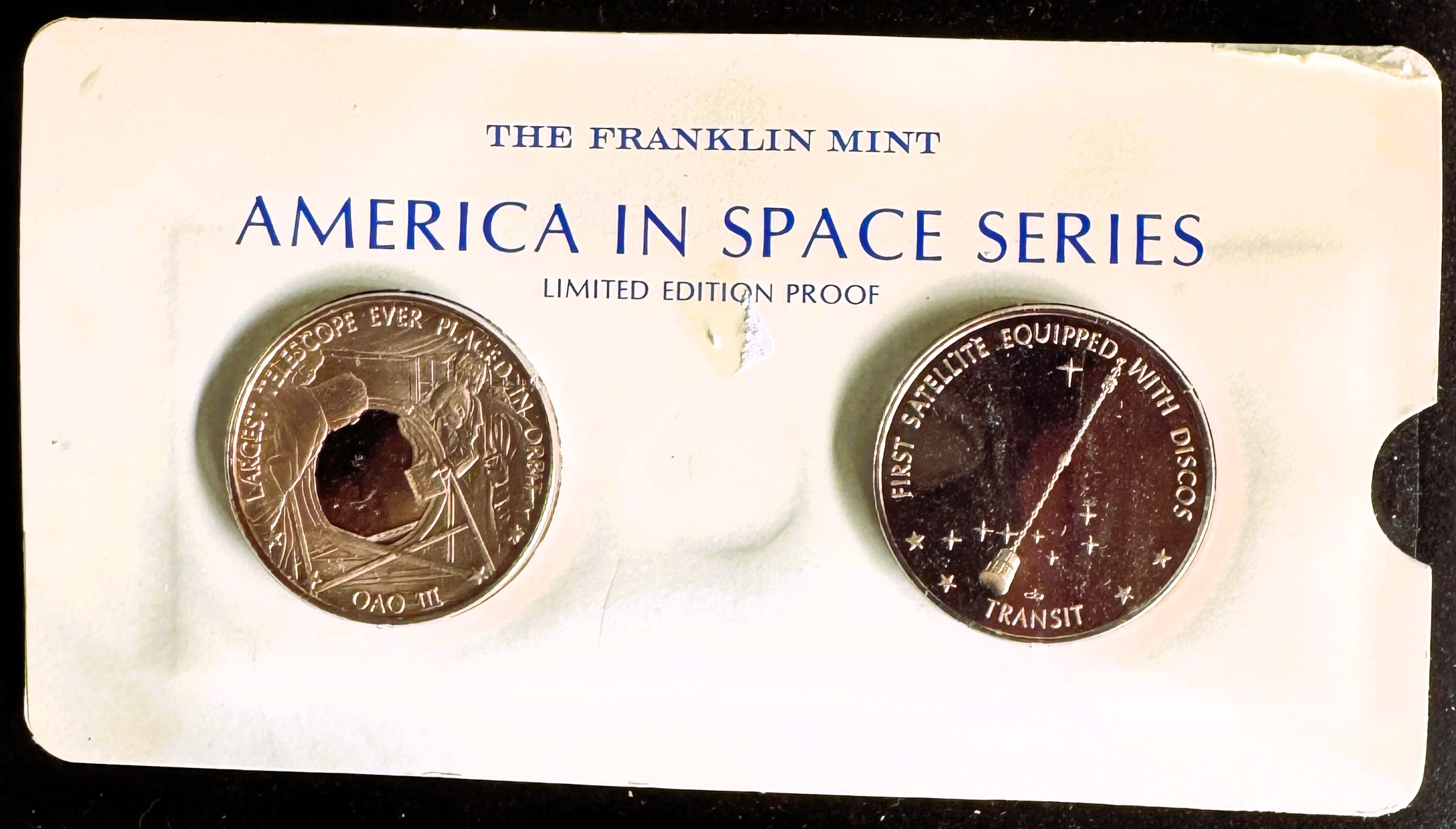 VINTAGE FRANKIN MINT AMERICA IN SPACE PROOF POLISHED OAO III AND TRANSIT UNBLEMISHED COINS IN FILM SEALED ORIG PKG