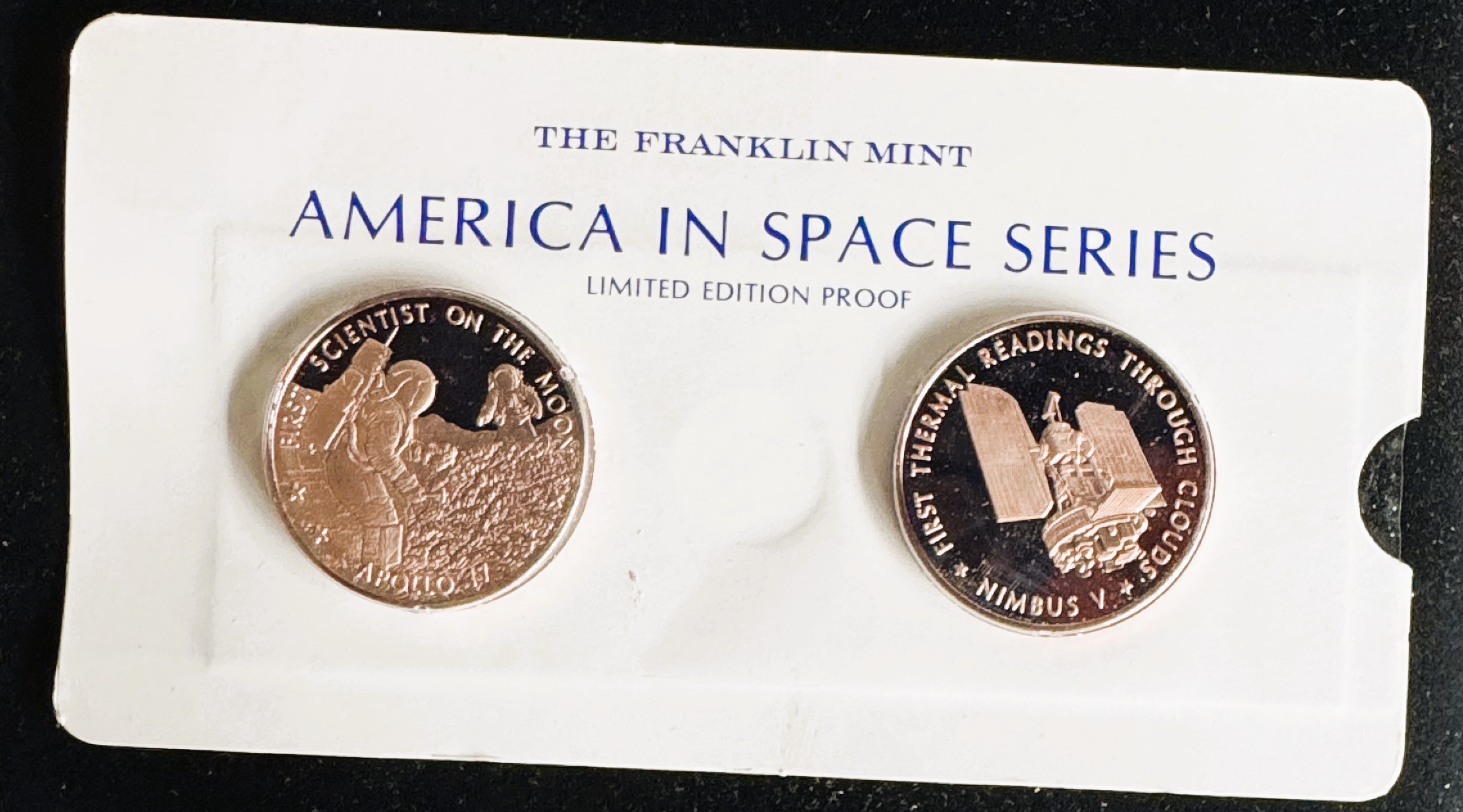 VINTAGE FRANKIN MINT AMERICA IN SPACE PROOF POLISHED APOLLO 17 AND NIMBUS UNBLEMISHED COINS IN FILM SEALED ORIG PKG