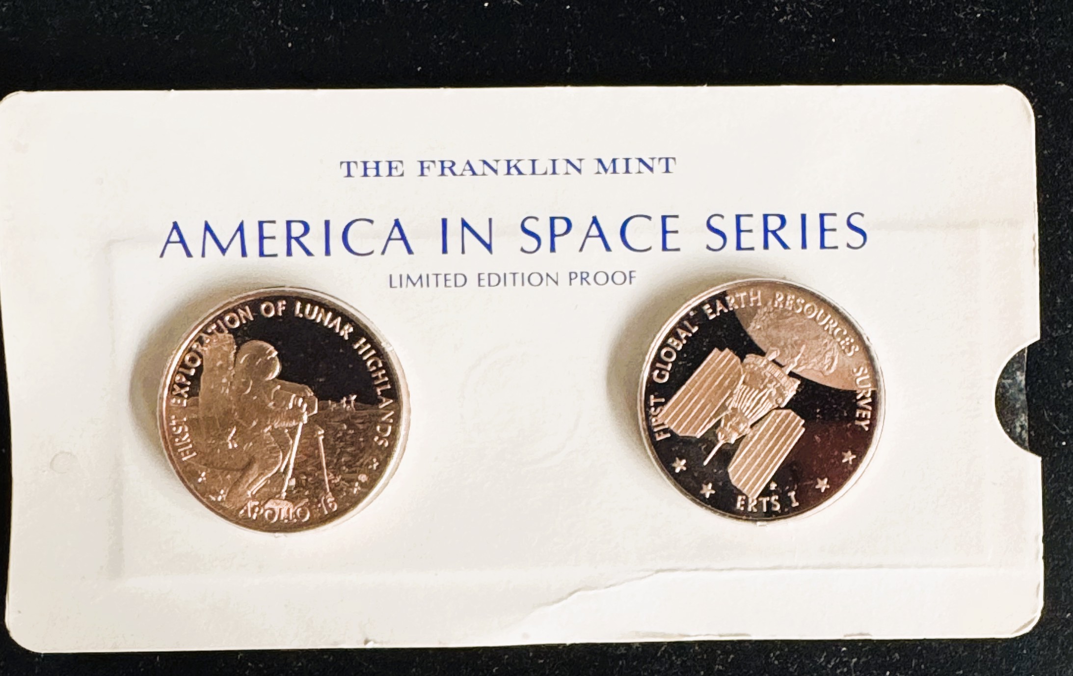 VINTAGE FRANKIN MINT AMERICA IN SPACE PROOF POLISHED APOLLO 16 AND ERTS I UNBLEMISHED COINS IN FILM SEALED ORIG PKG