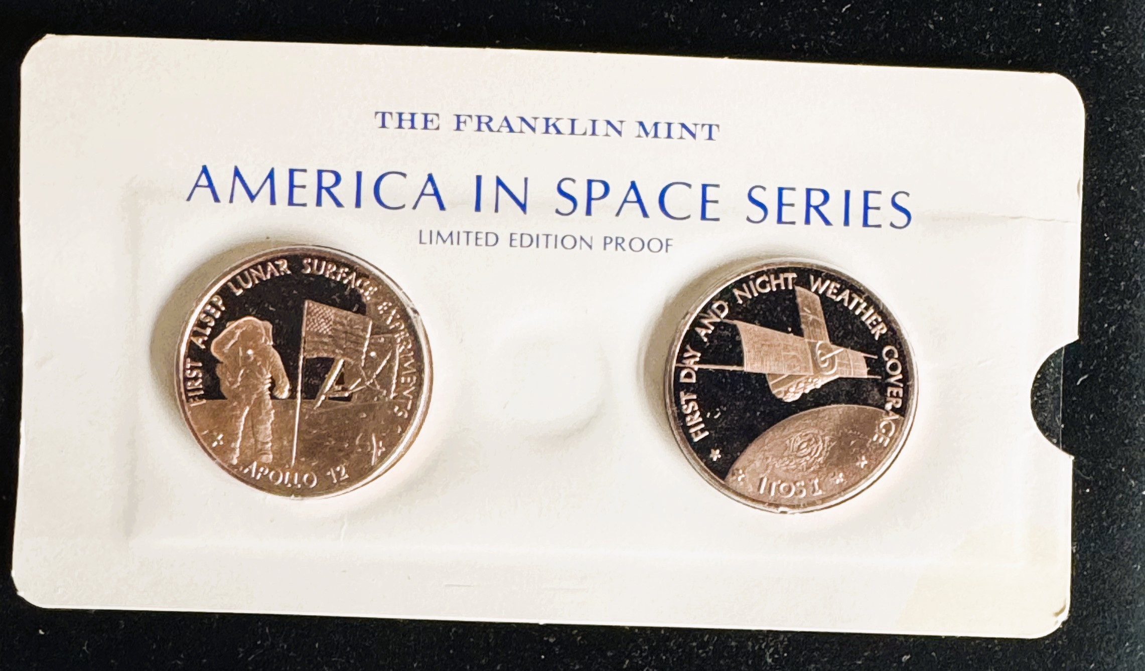 VINTAGE FRANKIN MINT AMERICA IN SPACE PROOF POLISHED APOLLO 12 AND ITOS I UNBLEMISHED COINS IN FILM SEALED ORIG PKG