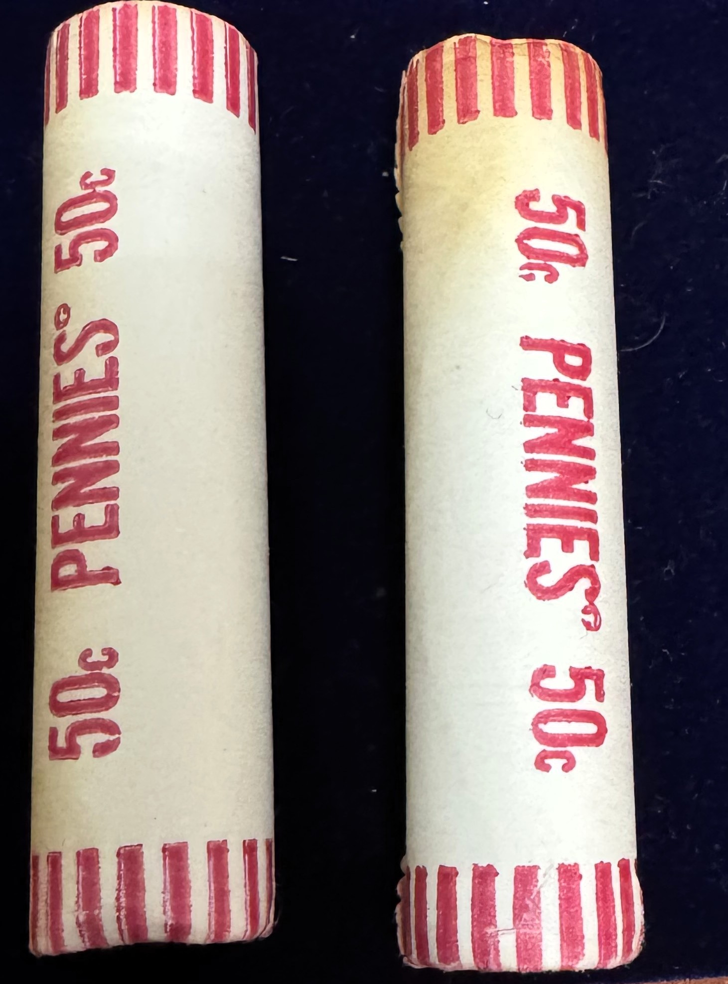 1981 (TWO) ROLLS OF 50 UNCIRCULATED COPPER LINCOLN PENNY COINS, LAST YEAR OF COPPER PENNIES, IN ORIGINAL BANK WRAPPERS