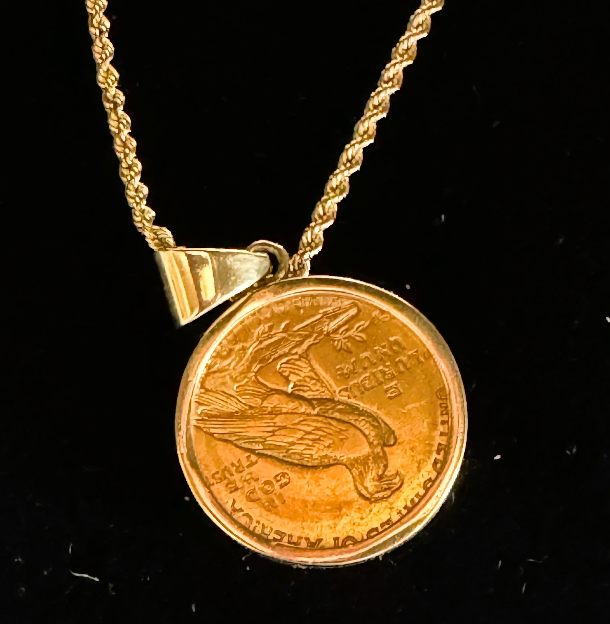 GOLD,1909 INDIAN HEAD $5 DOLLAR GOLD COIN, IN A 14K GOLD 20" ROPE CHAIN ...