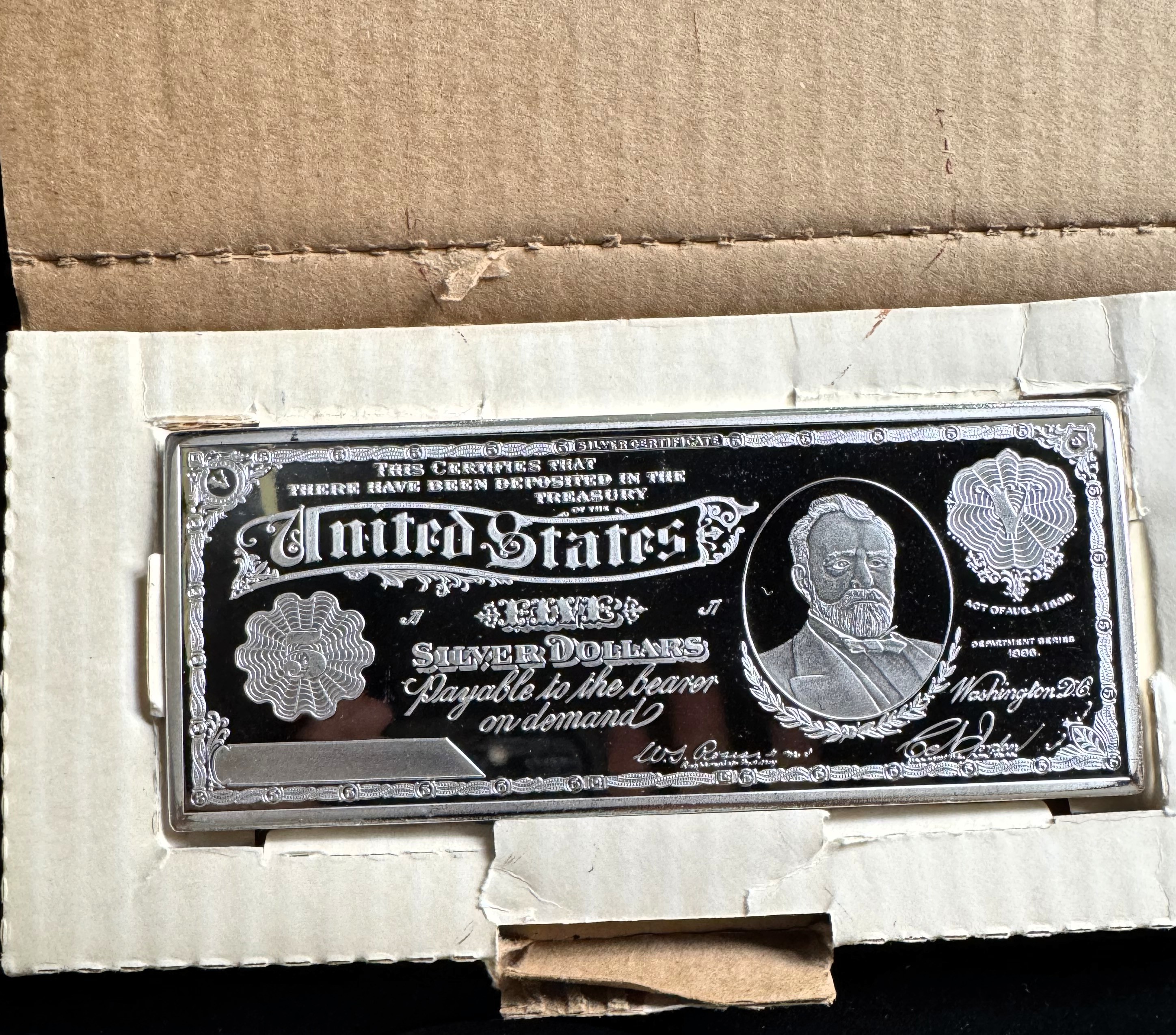 SCARCE FIND (ONLY 1), 1 TROY POUND .999 FINE SILVER, PROOF-LIKE US $ FIVE DOLLAR SILVER ON OBVERSE SIDE & 1886 SIVER CERTIFICATE ON REVERSE SIDE, SERIAL #08025. NEW PHOTOS POSTED, IN ORIG BOX & INSCRIPTION ON BAR SIDE