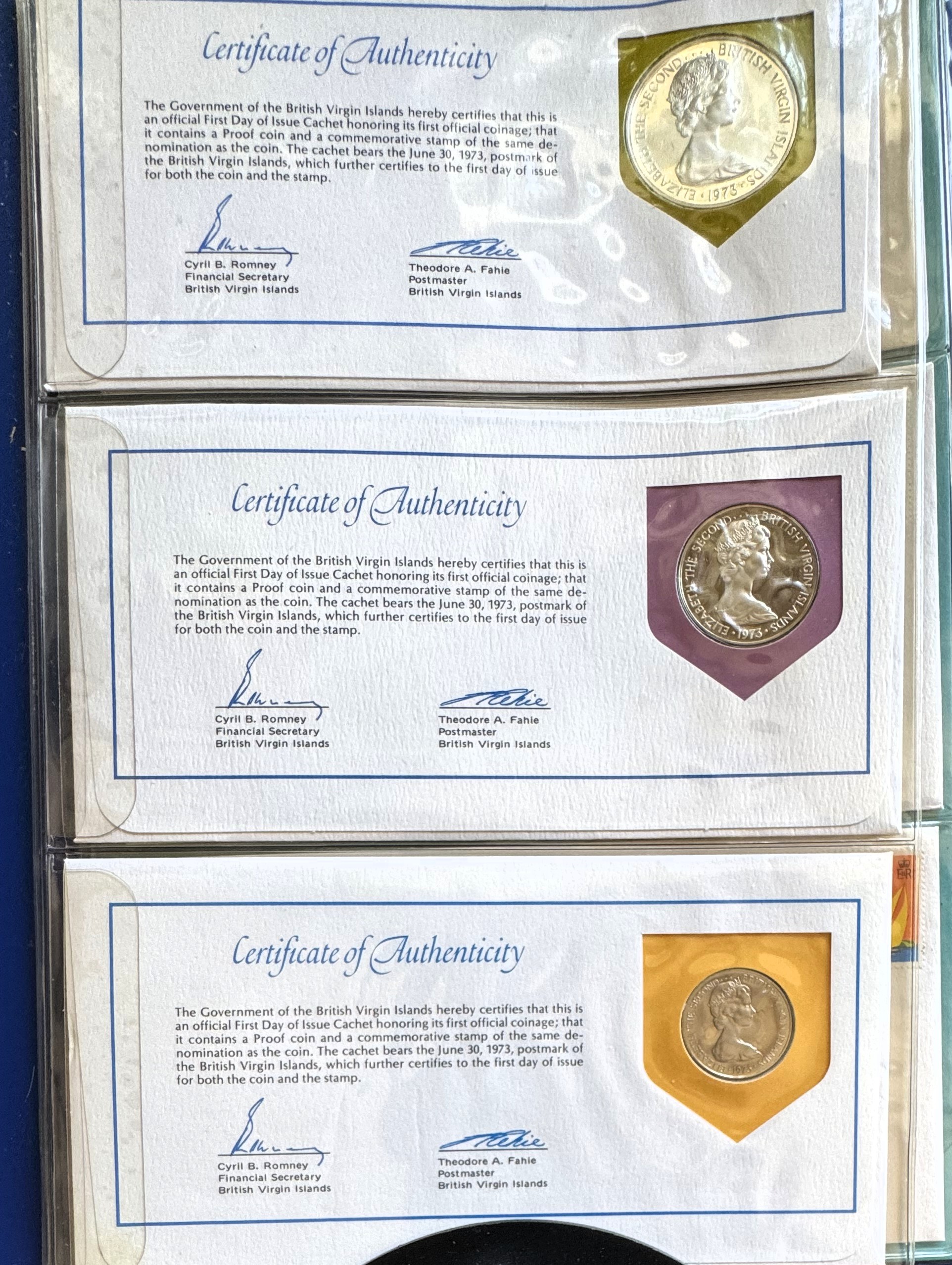 1973 OFFICIAL FIRST DAY ISSUE (6 PROOF BIRD COINS & STAMPS) CASHETS OF THE BRITISH ISLANDS, .925 SILVER DOLLAR, ORIG PKG SEALED UNBLEMISHED COINS, COA, ORIG DISPLAY HOLDER, REAL NICE