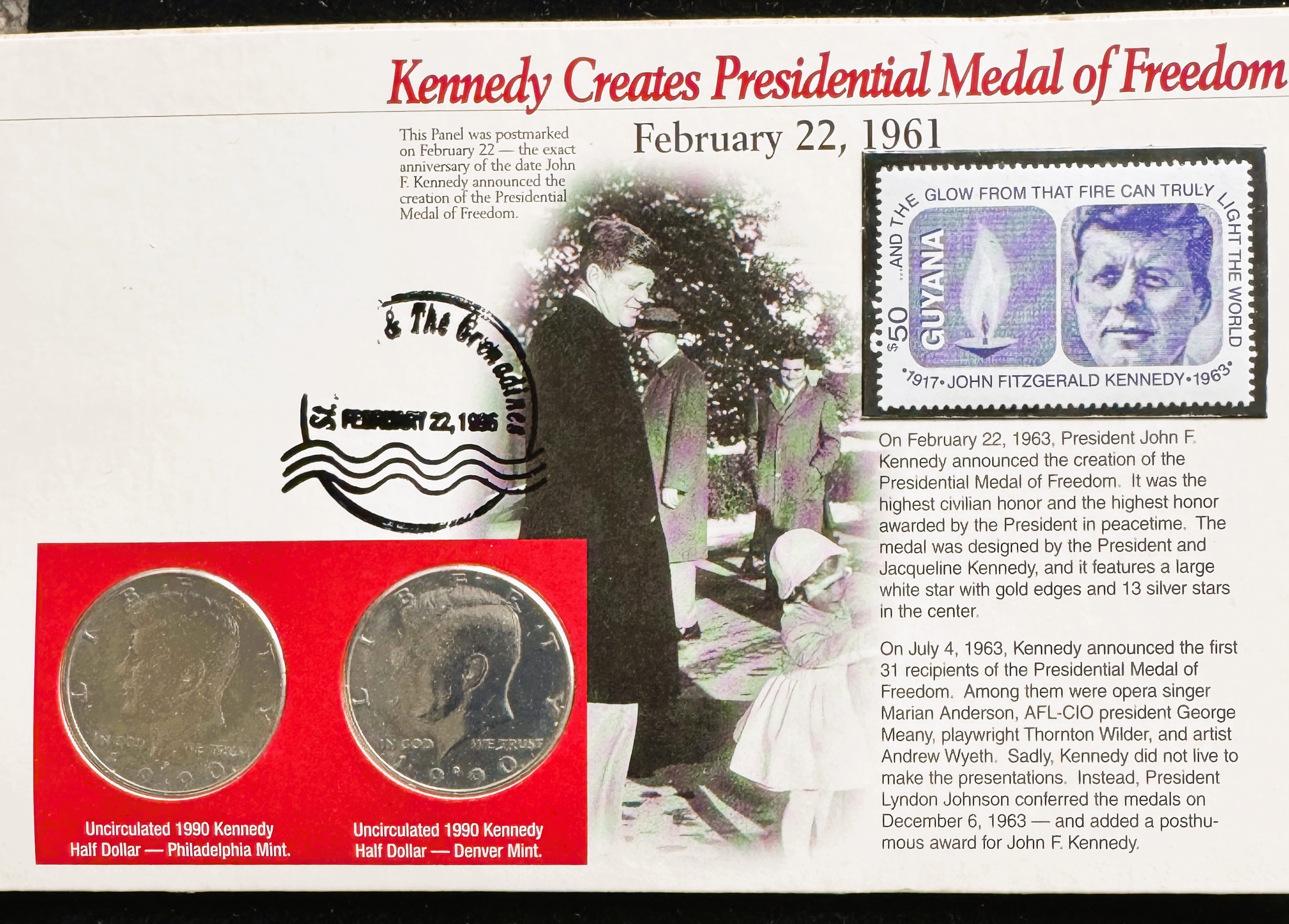 1990 P & D BU KENNEDY HALF DOLLARS, KENNEDY CREATES PRES MEDAL OF FREEDOM SEALED COINS AND STAMP SET SET 
