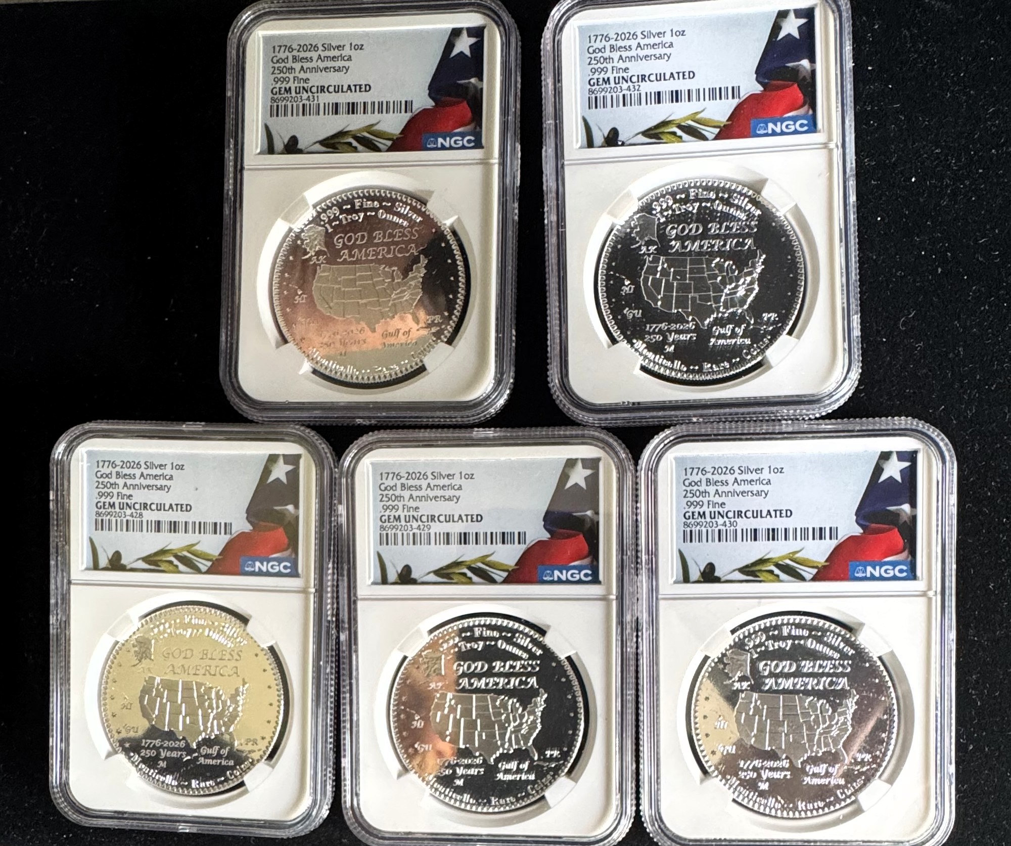 1776-2026 SILVER 1oz .999 "GOD BLESS AMERICA" 250th ANNIVERSARY (5) COINS NGC GRADED GEM UNCIRCULATED, PROOF NEW LIMITED EDITION, SAVE $50 ON 5, GREAT B-DAY, XMAS GIFTS
