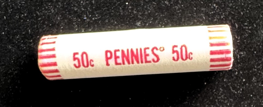 1981 ROLL OF 50 UNCIRCULATED COPPER LINCOLN PENNY COINS, LAST YEAR OF COPPER PENNIES, IN ORIGINAL BANK WRAPPER