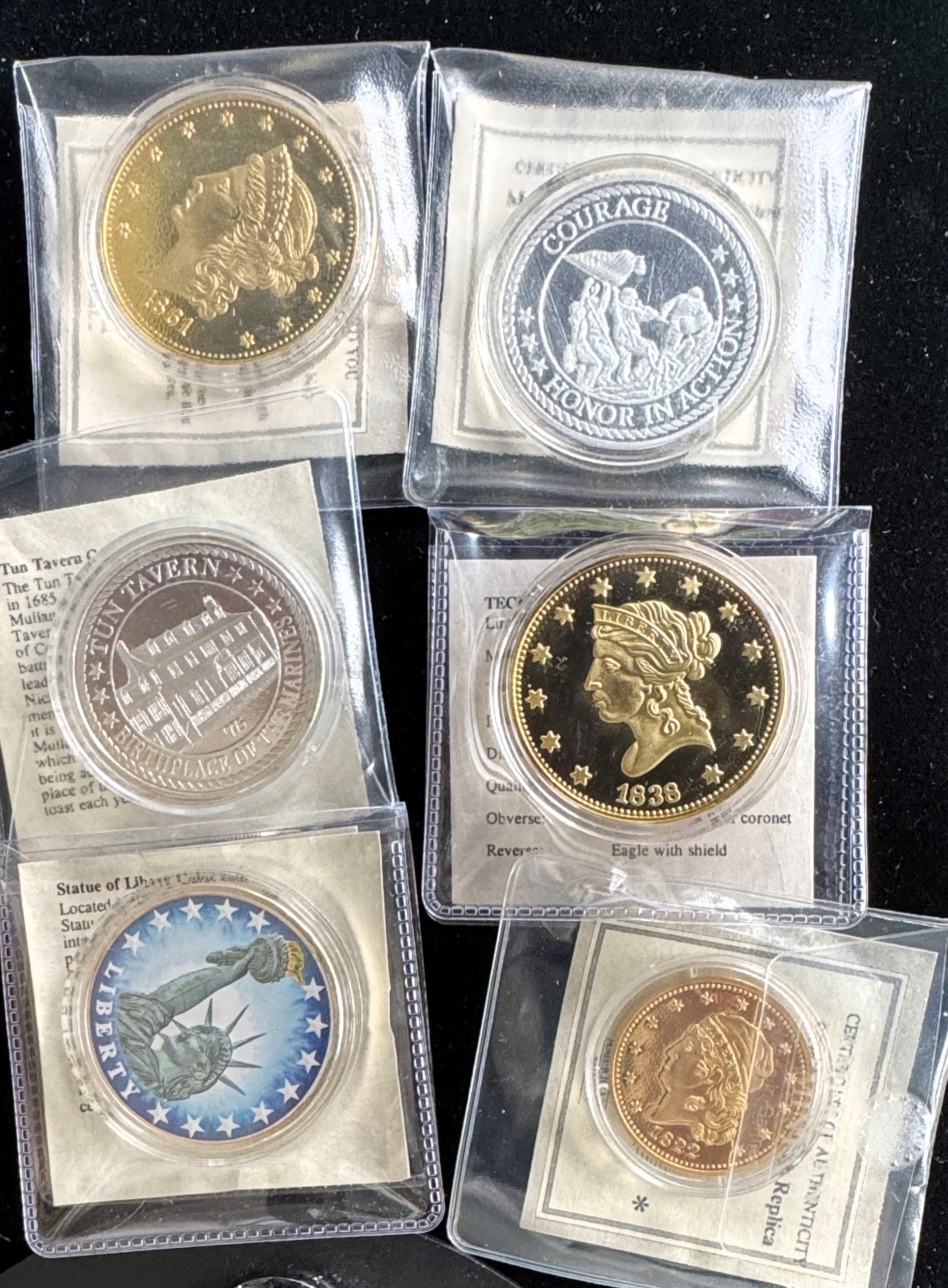 AMERICAN MINT 6 COIN REPLICA COLLECTION, INCLUDING PROOFS, COLORIZED, MARINE CORPS, GOLD PLATED, ETC., ALL IN CAPSULES, UNC WITH COA