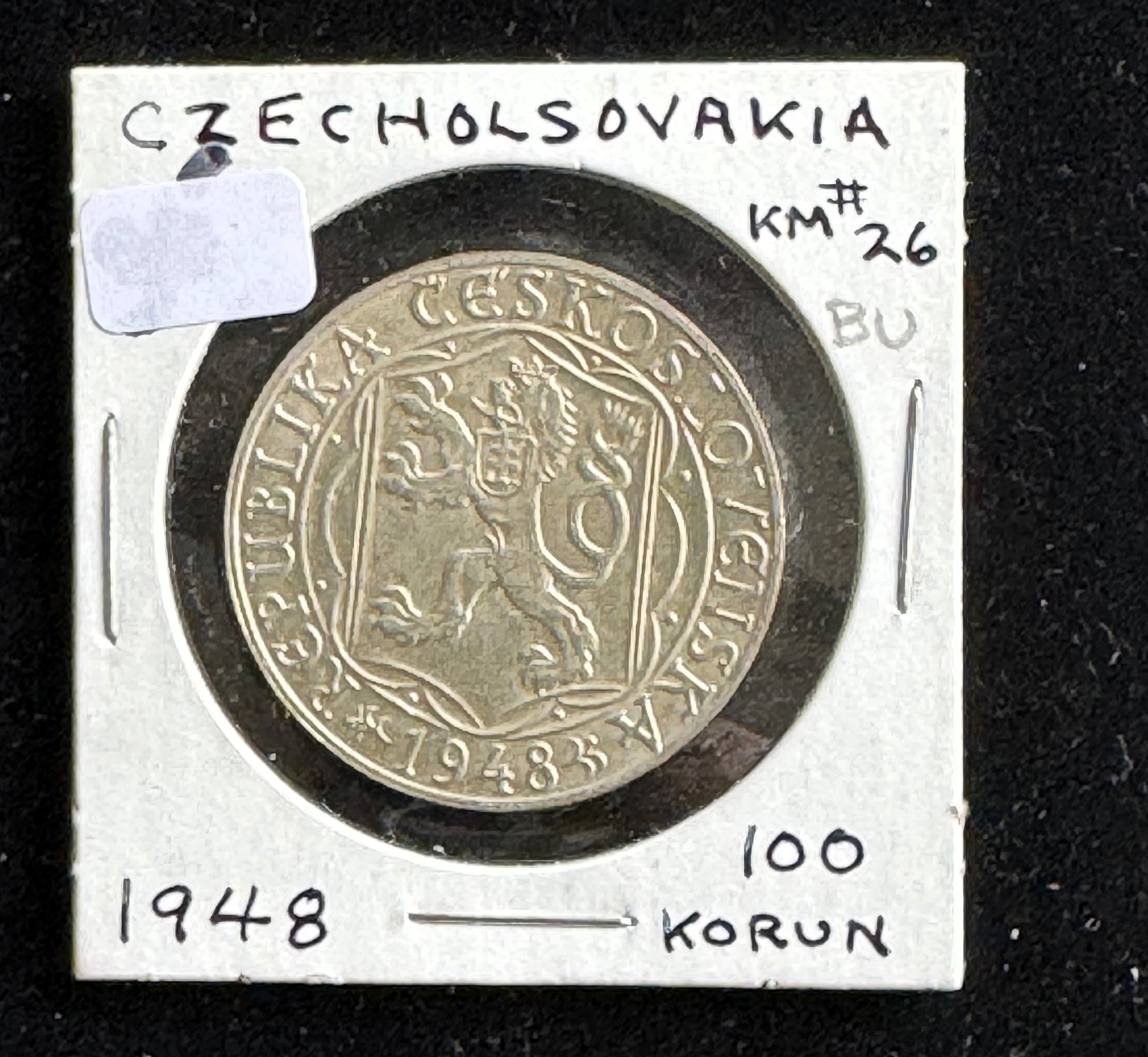 1948 .500 SILVER CZECHOSLOVOKIA 100 KORUN BRILLIANT UNCIRCULATED BRIGHT LUST COIN