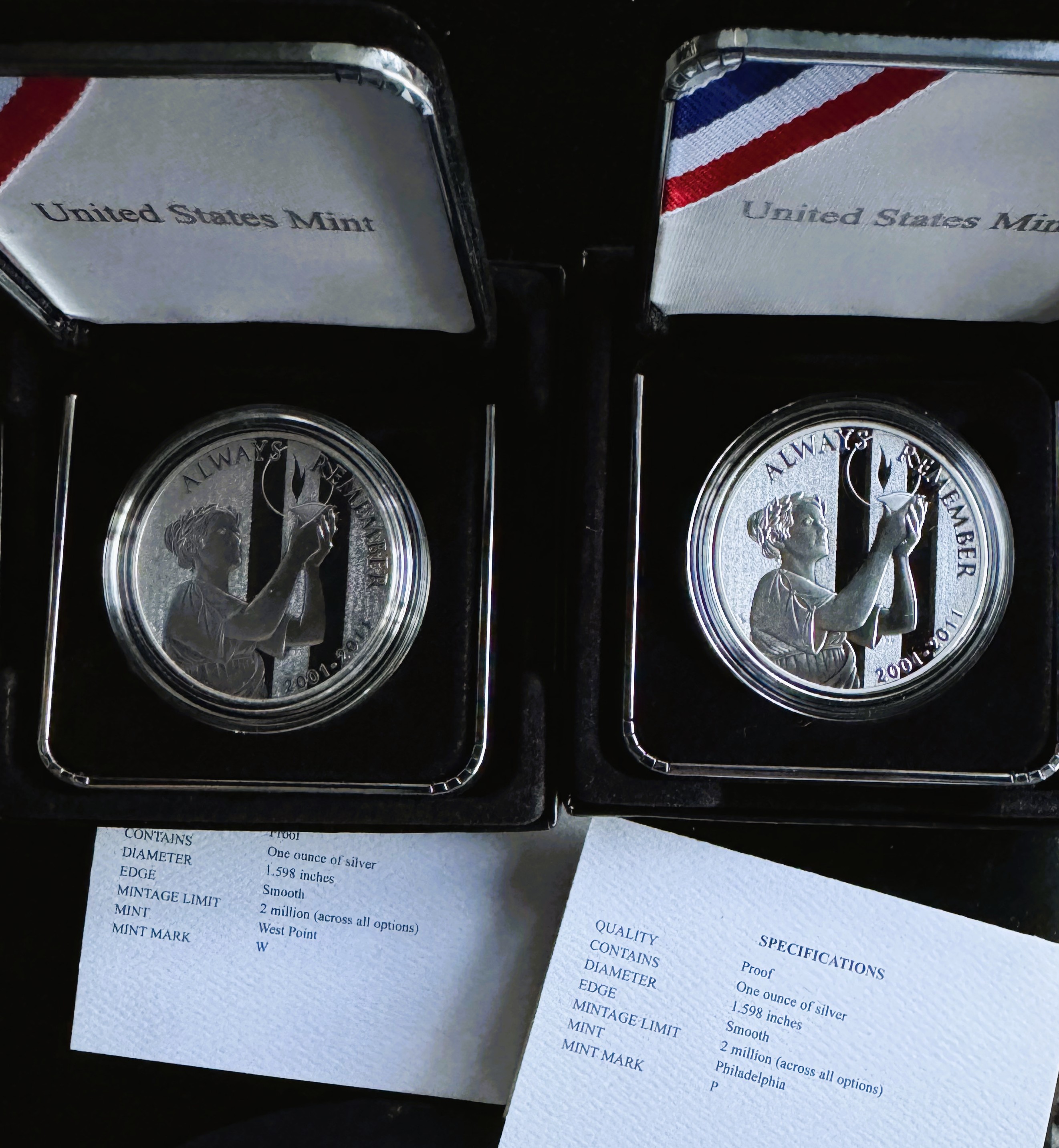 9/11 COMMEMORATIVE NATIONAL MEDAL COINS, BOTH PROOFS .999 PURE SILVER WEST POINT & P MINTS, ORIG US MINT CAPSULES, BOX, COAs