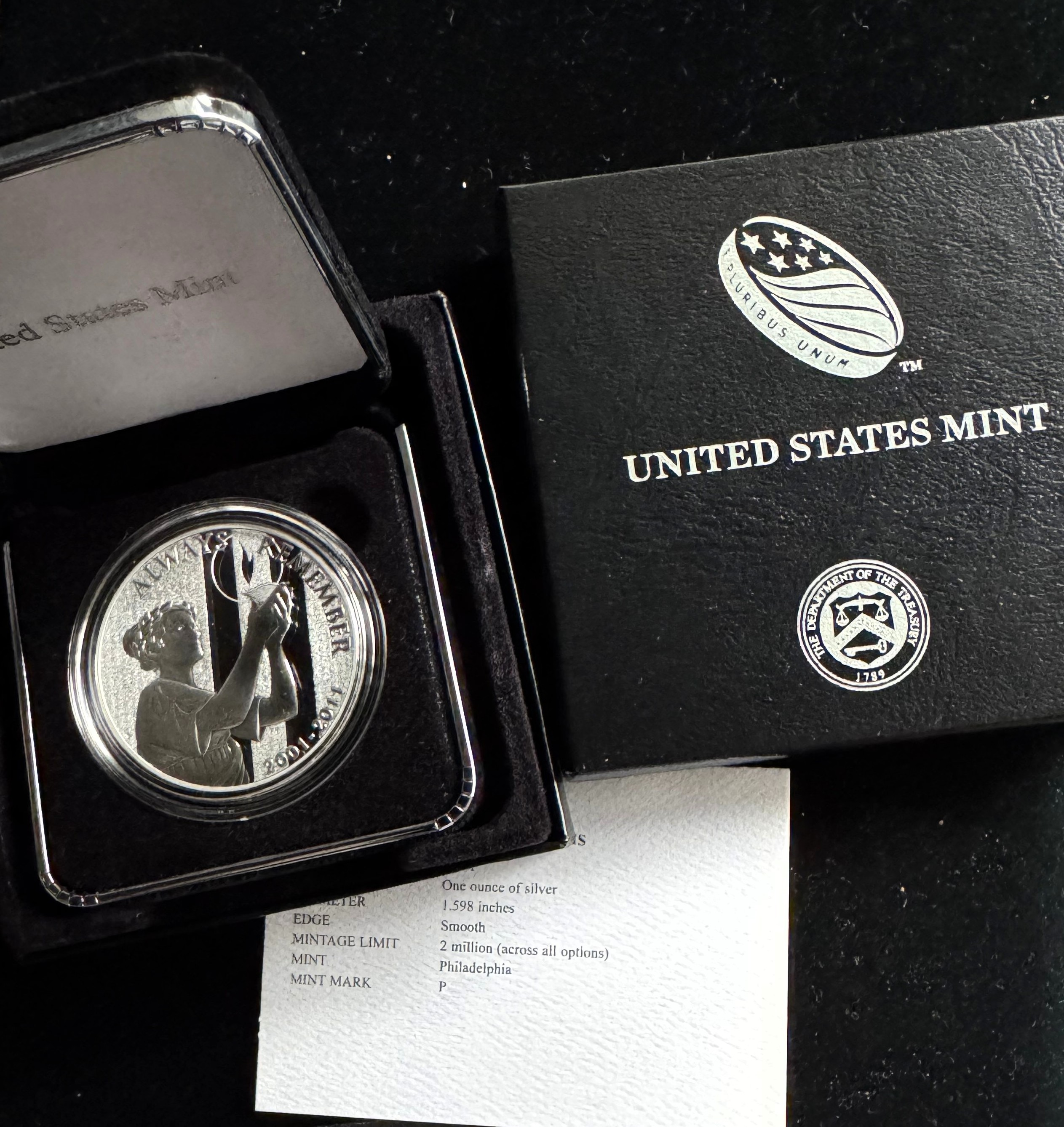 9/11 NATIONAL COMMEMORATIVE MEDAL COIN .999 PURE SILVER P  MINT PROOF, ORIG US MINT CAPSULE, BOX, COA