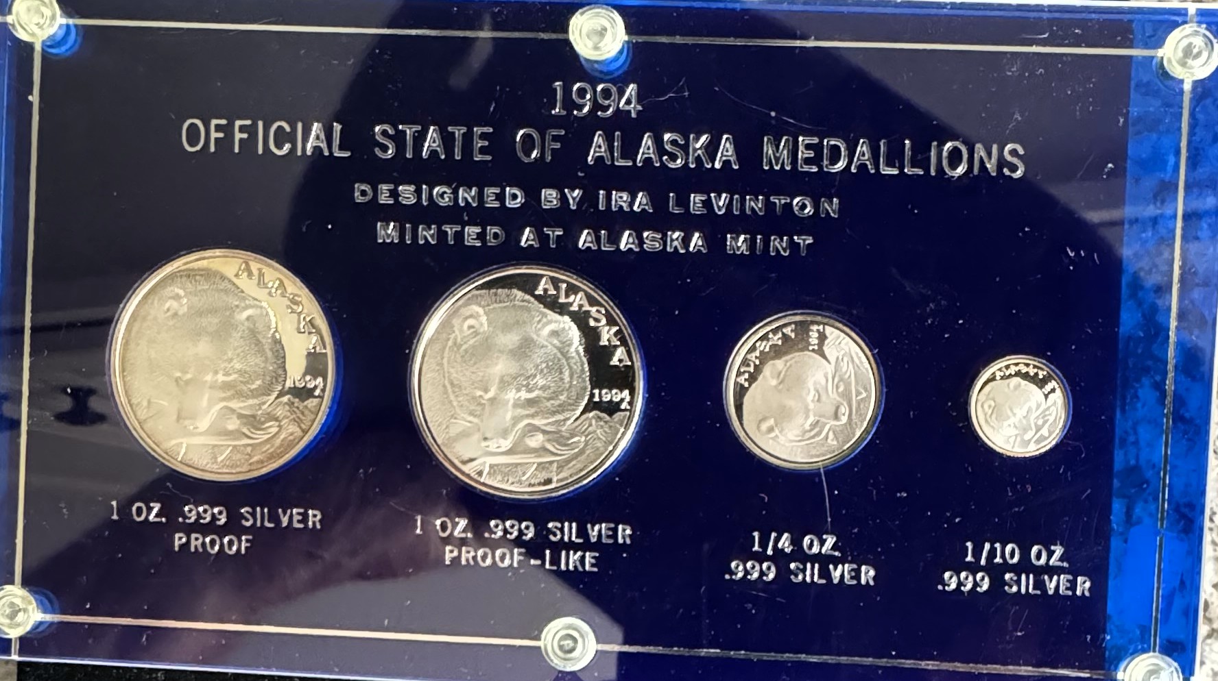 1994 OFFICIAL STATE OF ALASKA, RARE MEDALLIONS, PROOF & PROOF LIKE SILVER BEAR 4 COIN SET IN ORIG HARD CASE