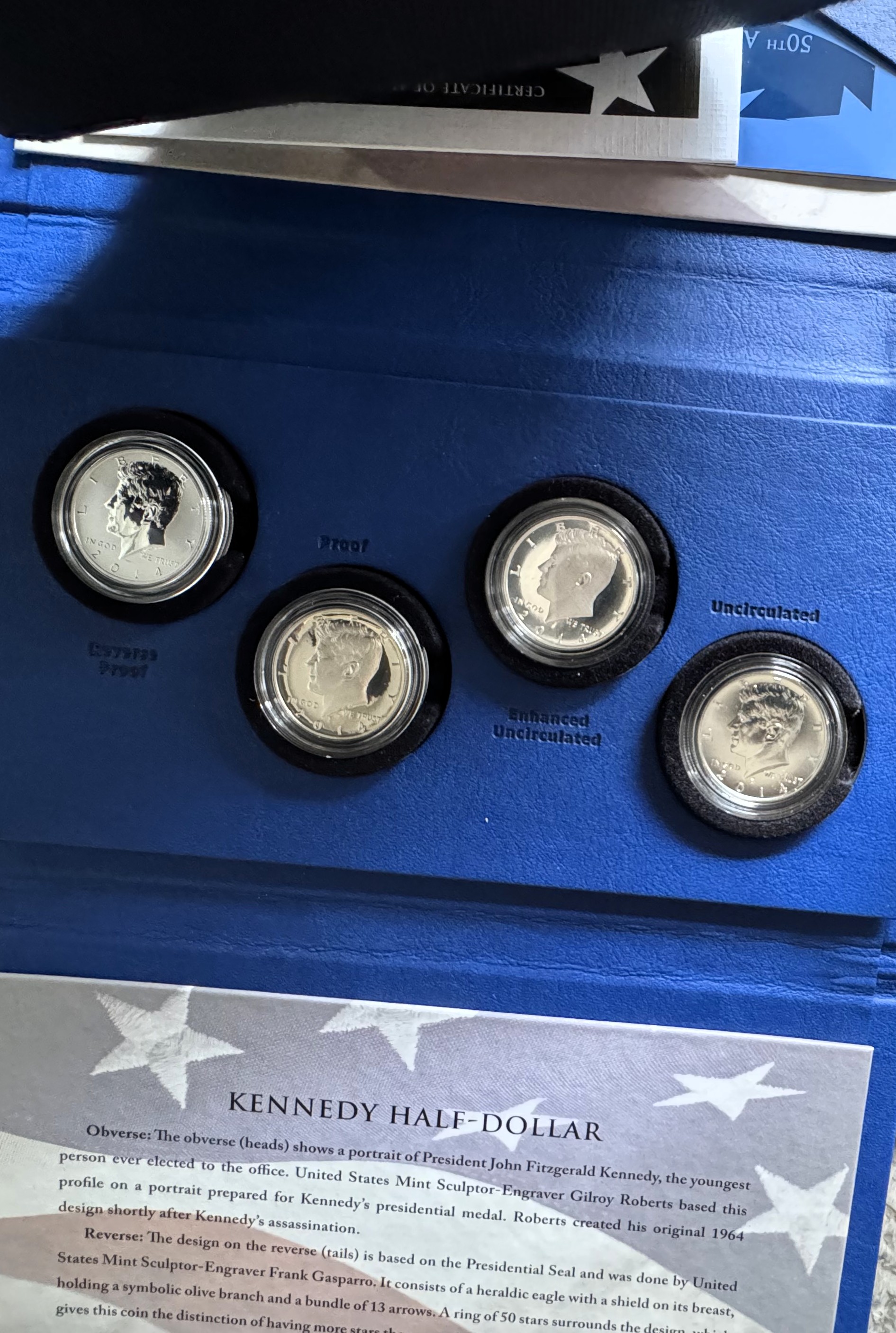U.S. MINT 50TH ANNIVERSARY 4 COIN KENNEDY SILVER HALF DOLLAR SET, INCLUDING REVERSE PROOF, IN ORIG MINT PKG, COA, DISPLAY