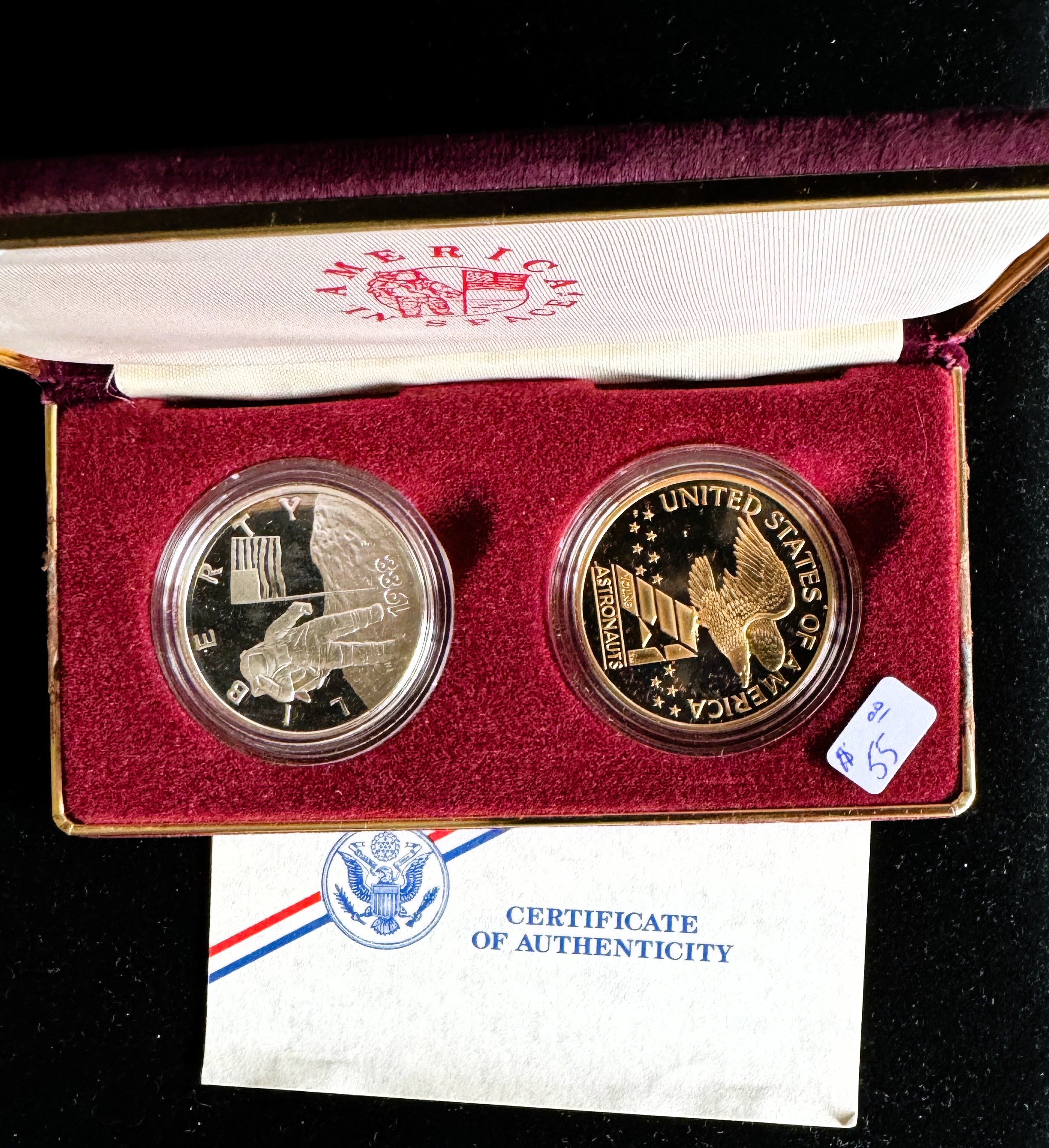 1988 U.S. MINT TWO-PIECE PROOF COMMEMORATIVE AMERICAN SPACE SET, SILVER ASTRONAUT, BRONZE SHUTTLE, COA, ORIG MINT CASE