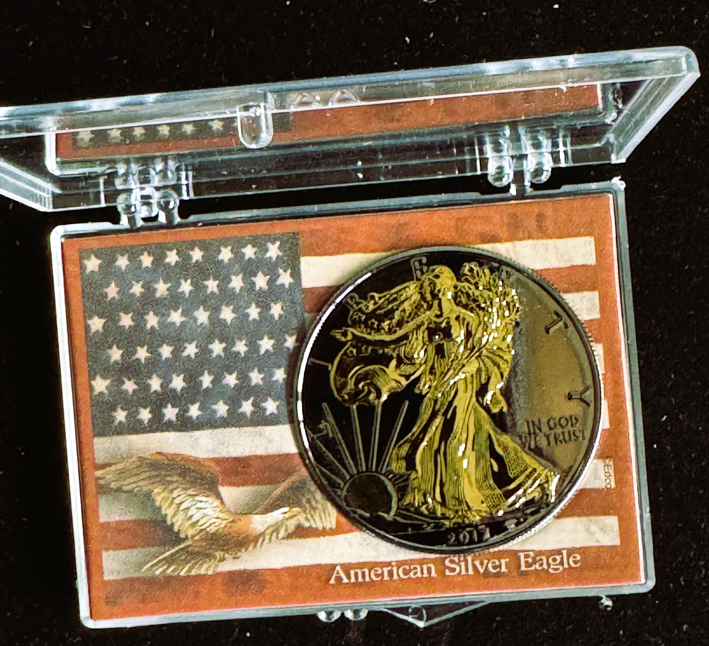 2017 1oz .999 FINE SILVER EAGLE $1 DOLLAR COIN, GOLD PLATED PROOF GEM IN A CASE