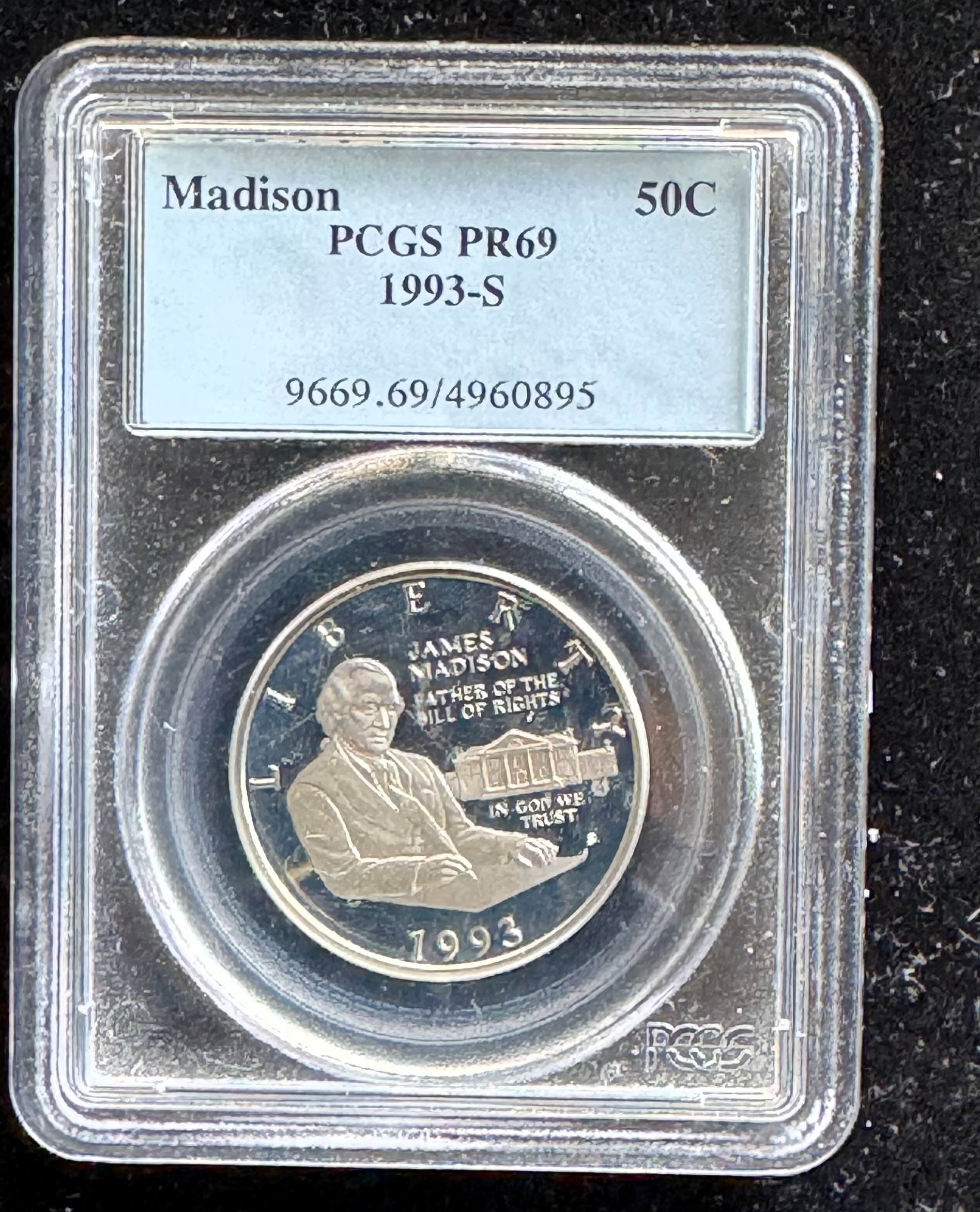 1993-S SILVER PROOF MADISON HALF DOLLAR, GRADED PCGS-PR69 IN THE SLAB