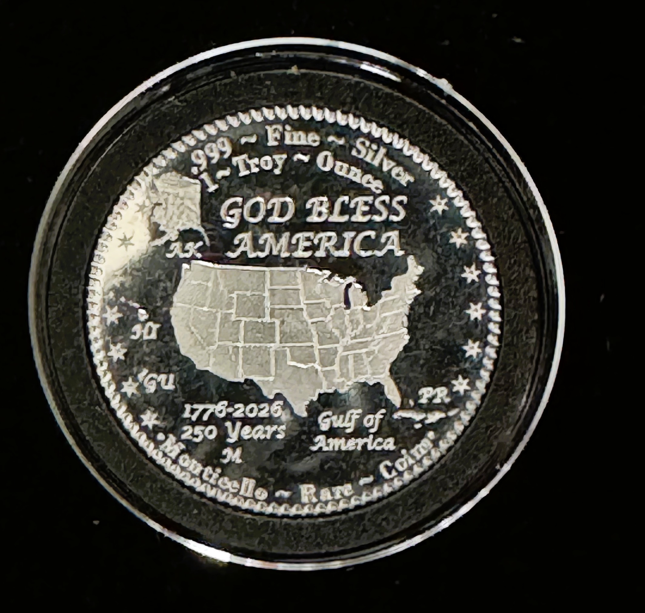 1oz .999 FINE SILVER, PROOF 250th U.S. ANNIVERSARY, RARE LOW MINTAGE, MONTICELLO DETAIL ENGRAVED MINTED COIN