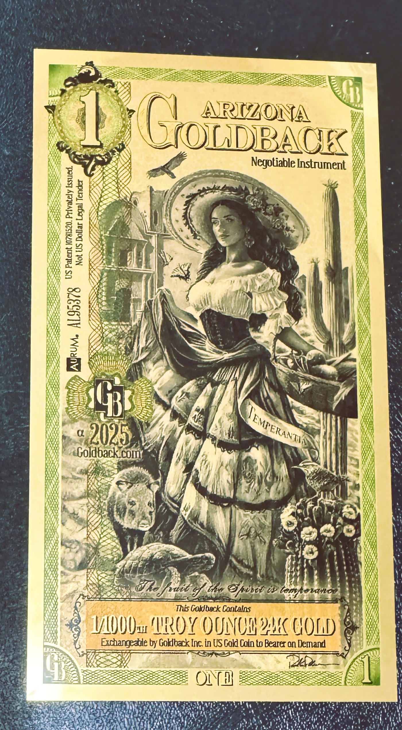 GOLD, 1 ARIZONA GOLDBACK, GOLD FOIL NOTE, 1/1000 OZ .999 24K FINE GOLD, CAN BE USED AS LEGAL TENDER