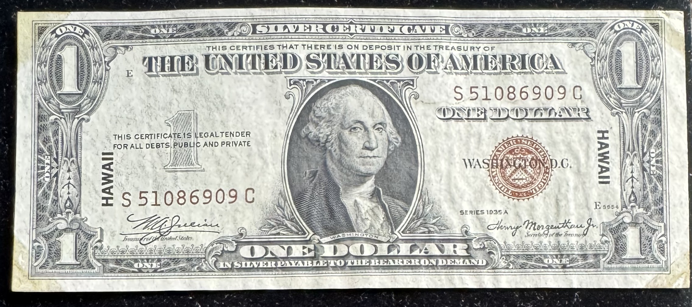 1935 A SERIES HAWAII EMERGENCY WW II NOTE, $1 DOLLAR SILVER CERTIFICATE, CRISP NICE, RED SEAL, IN A SLEVE