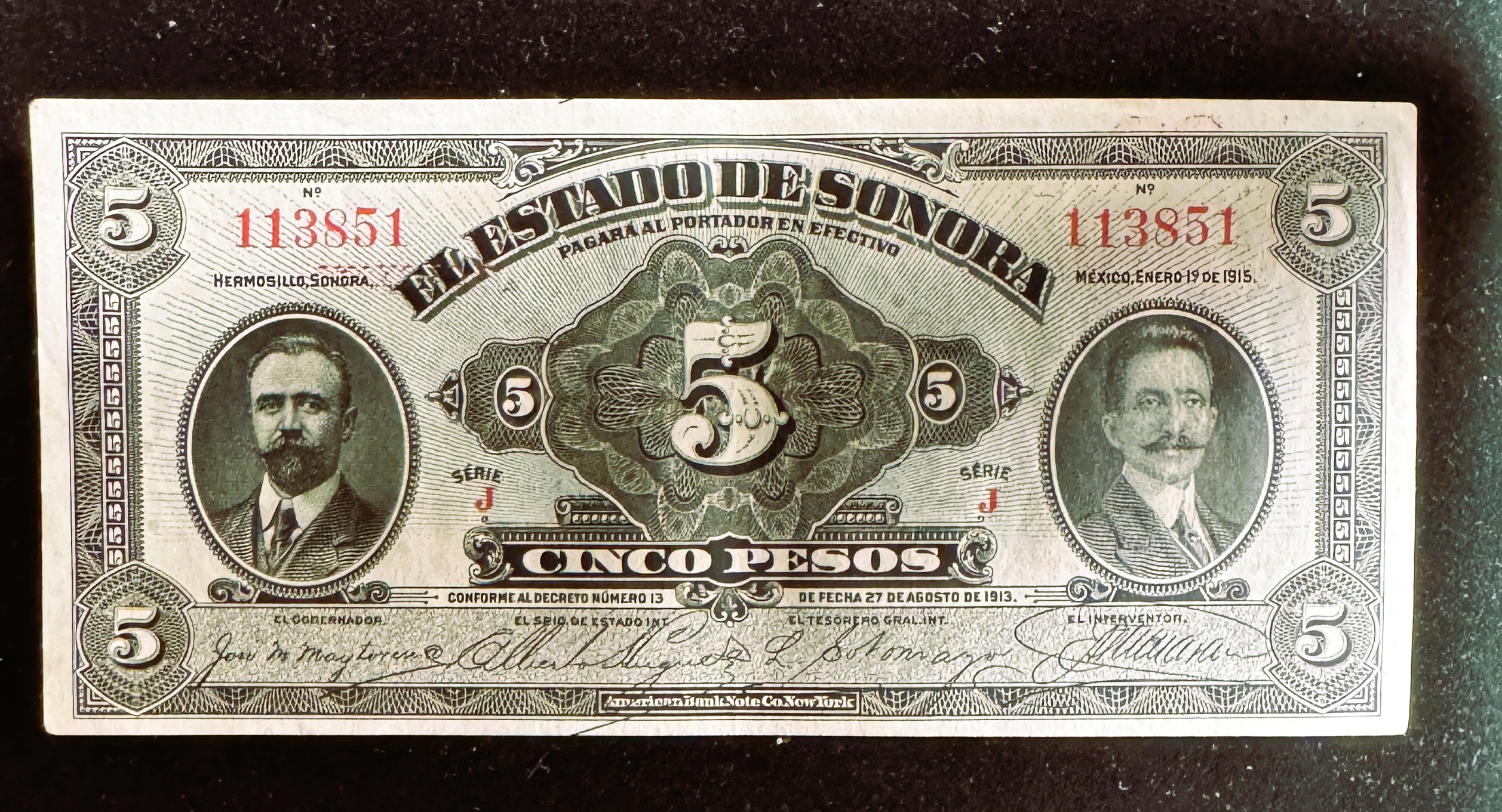 1913 REPUBLICA MEXICANA, SERIE J, 5 PESOS, SONORA MEXICO, CRISP LIKE NEW IN PROTECTIVE SLEEVE