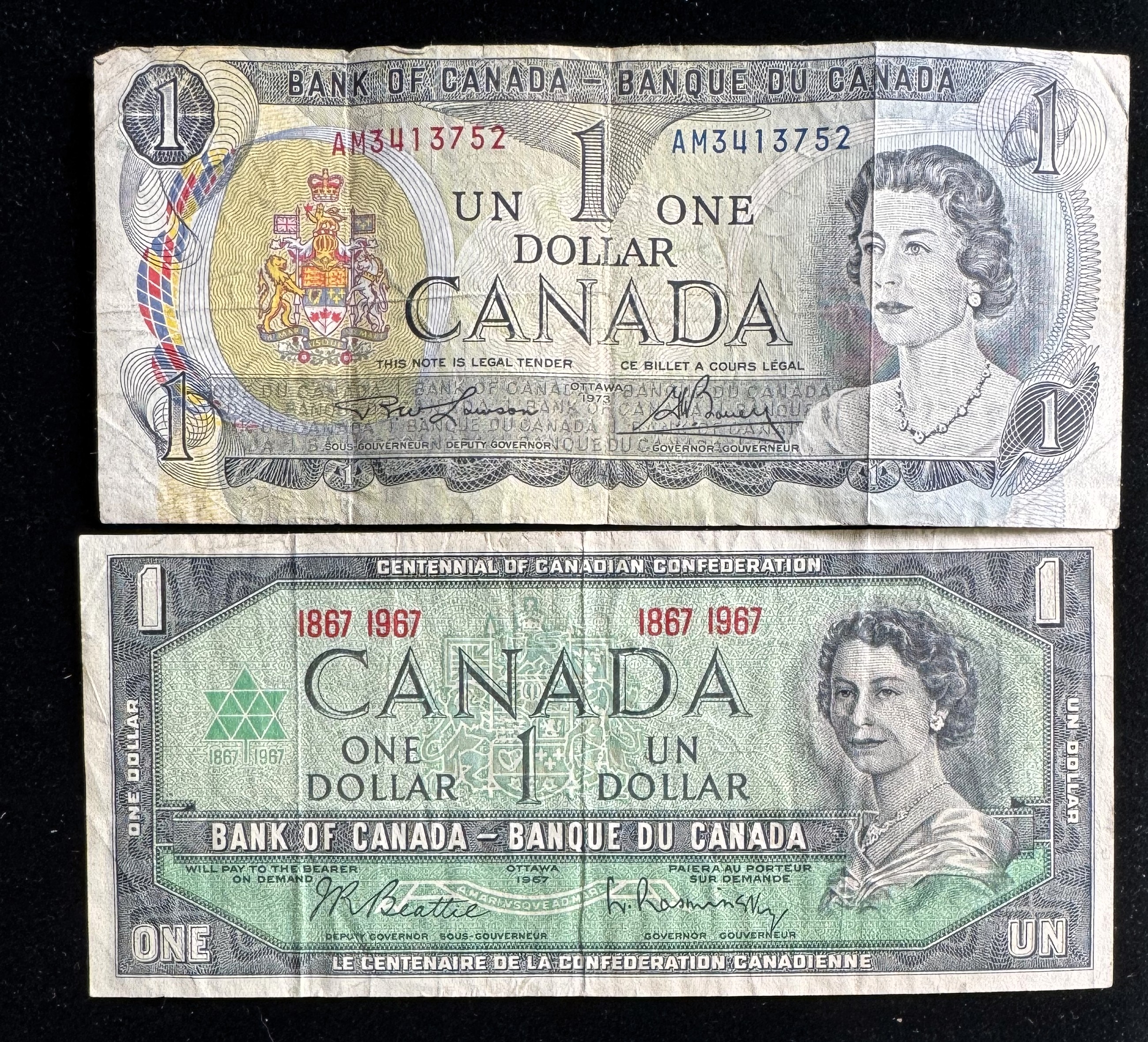 1967 & 1973 OTTAWA CANADA $1 DOLLARS IN SLEVES