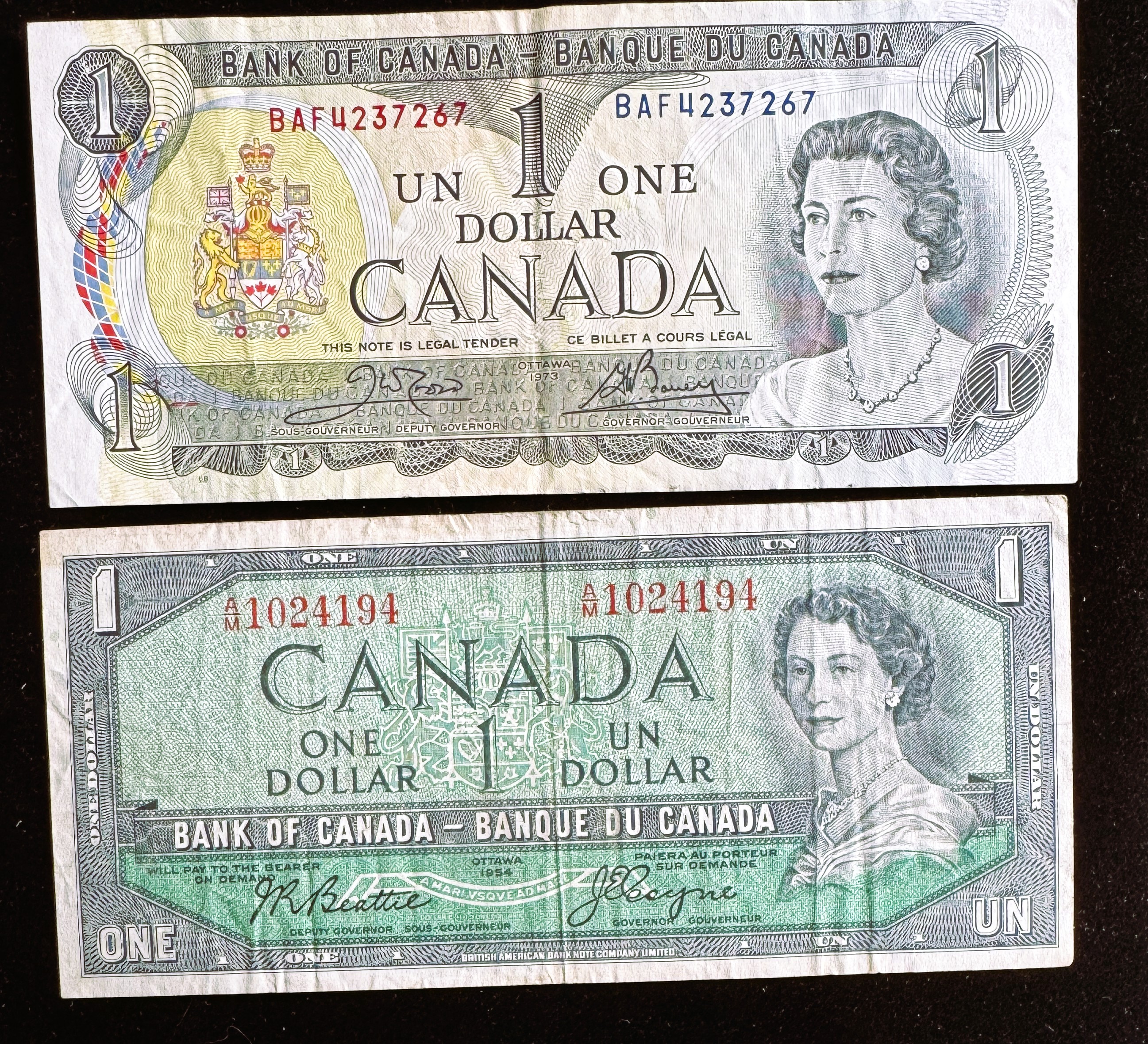 1954 & 1973 OTTAWA CANADA $1 DOLLARS, BOTH CRISP IN SLEVES