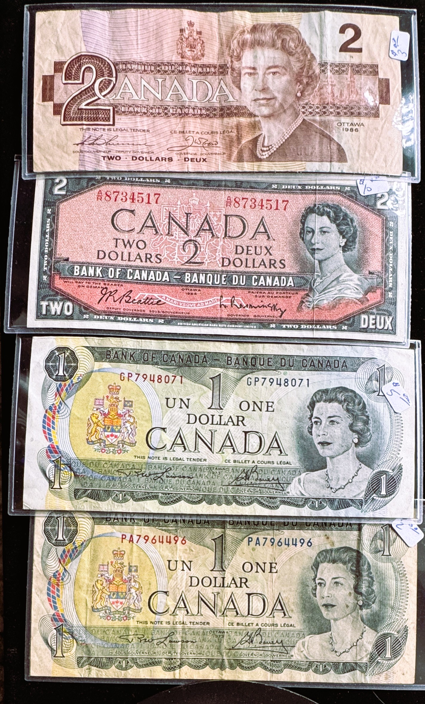 1954 & 1973, 1986 (4) OTTAWA CANADA $1 & $2 DOLLARS, CRISP IN SLEVES