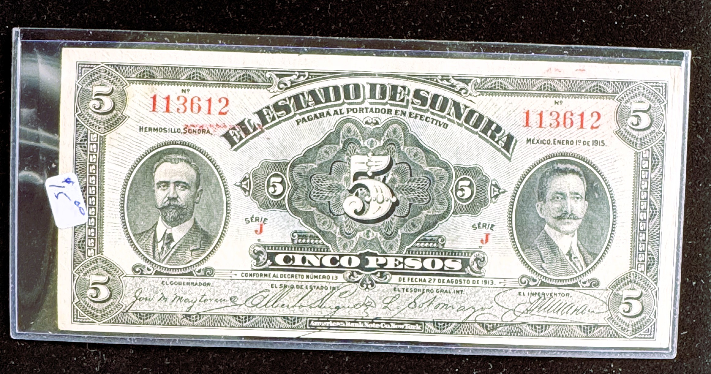 1913 MEXICO SERIE J, 5 PESOS SONORA, CRISP LIKE NEW IN SLEVE