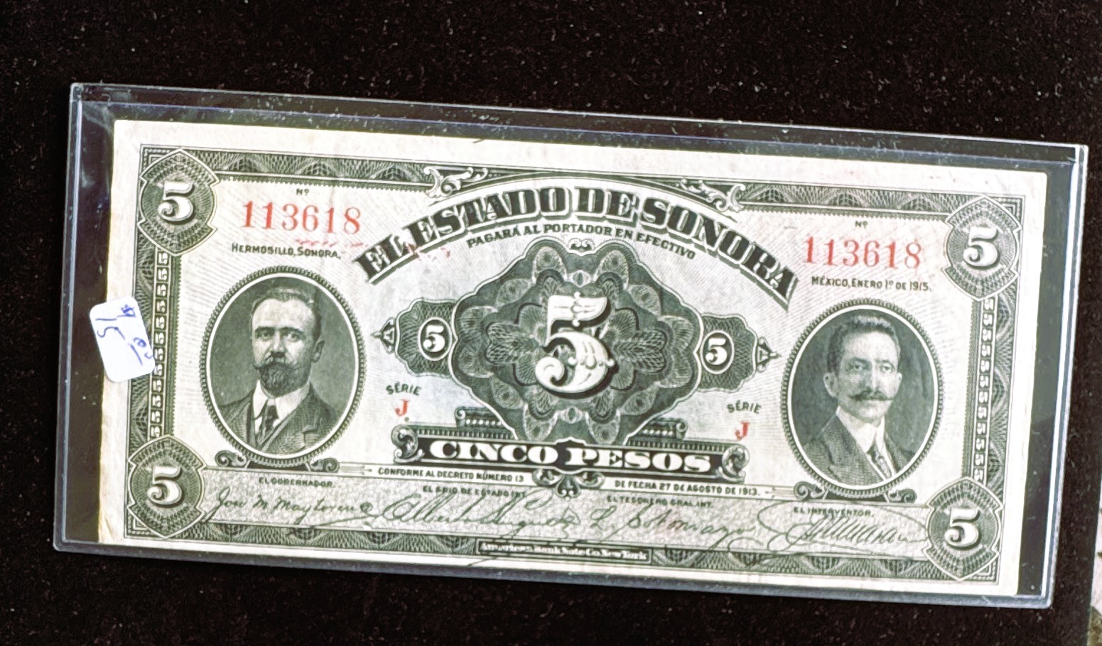 1913 MEXICO SERIE J, 5 PESOS SONORA, CRISP LIKE NEW IN SLEVE