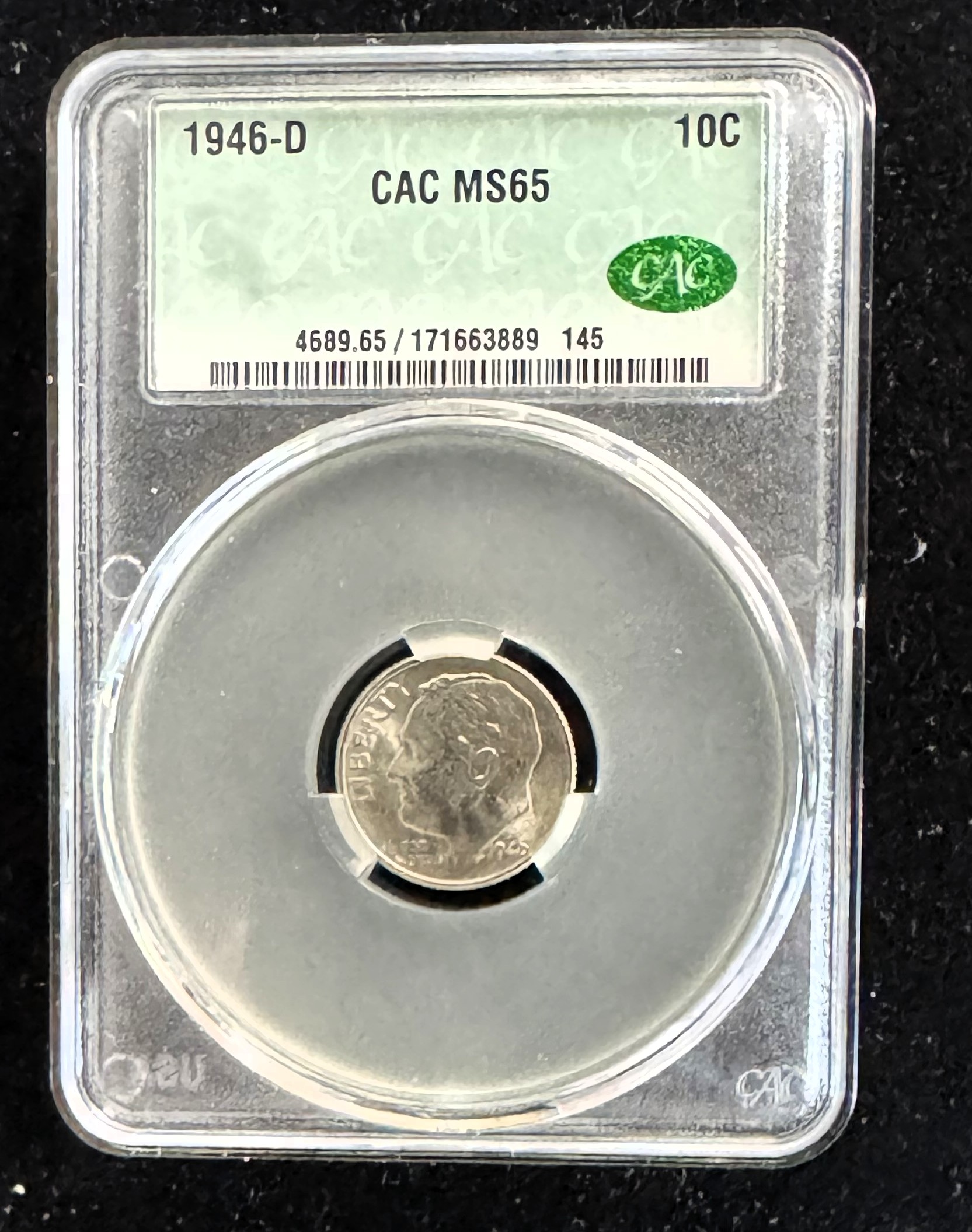 1946-D SILVER ROOSEVELT DIME COIN, CAC GRADED MS-65 IN THE SLAB