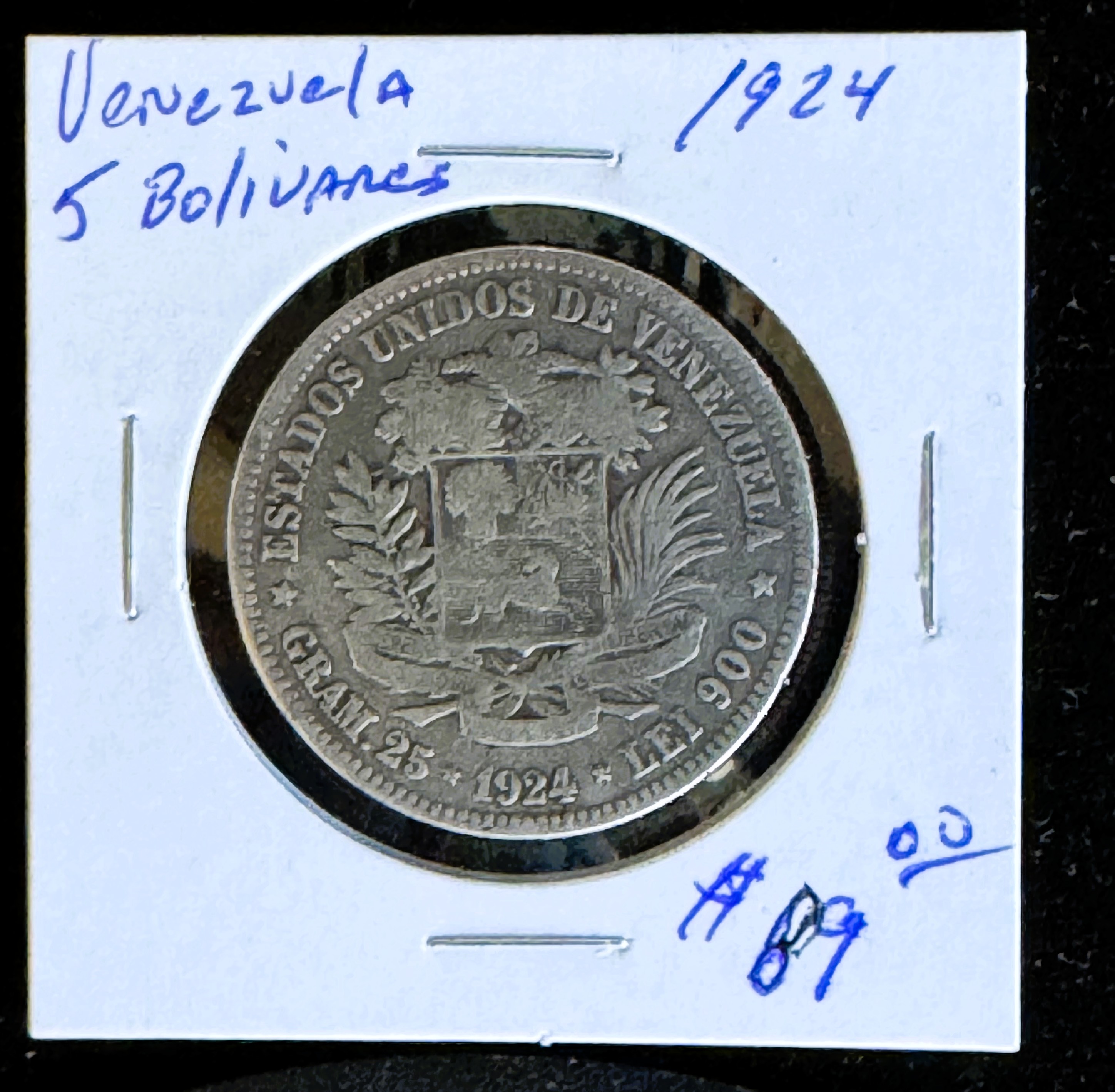 1924 VENEZUELA 5 BOLIVARES, RARE, .900 SILVER