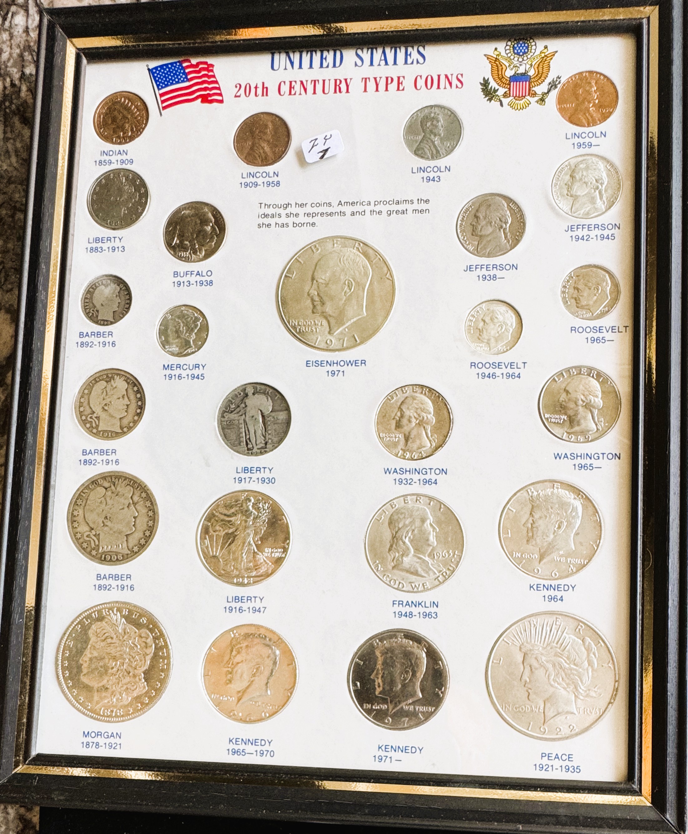 U.S. 20TH CENTURY TYPE QUALITY COINS IN A FRAMED DISPLAY CASE