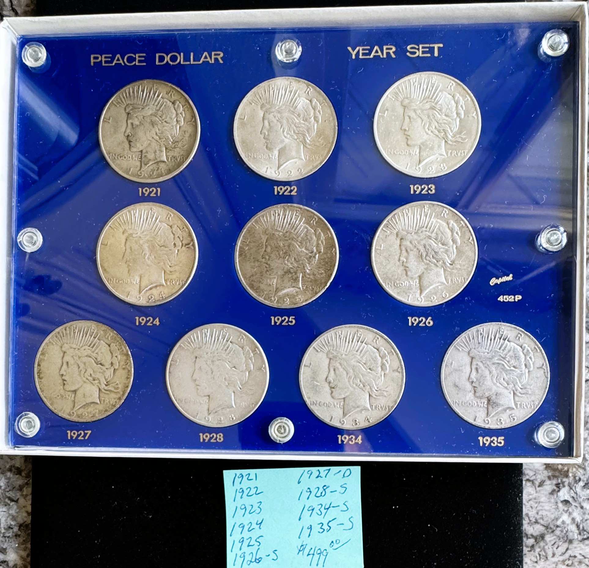 PEACE DOLLAR YEAR SET , 10 SILVER DOLLARS COMPLETE SET IN A HARD CASE
