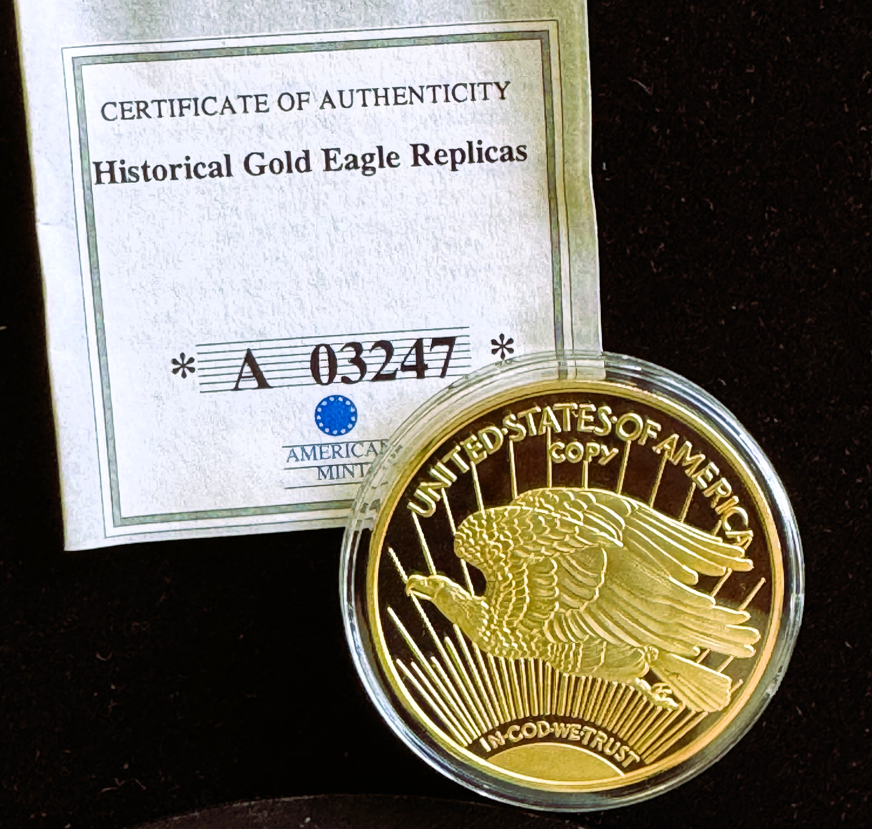 1933 GOLD DOUBLE EAGLE REPLICA 24k GOLD LAYERED, UNBLEMISHED GEM PROOF IN CAPSULE, COA