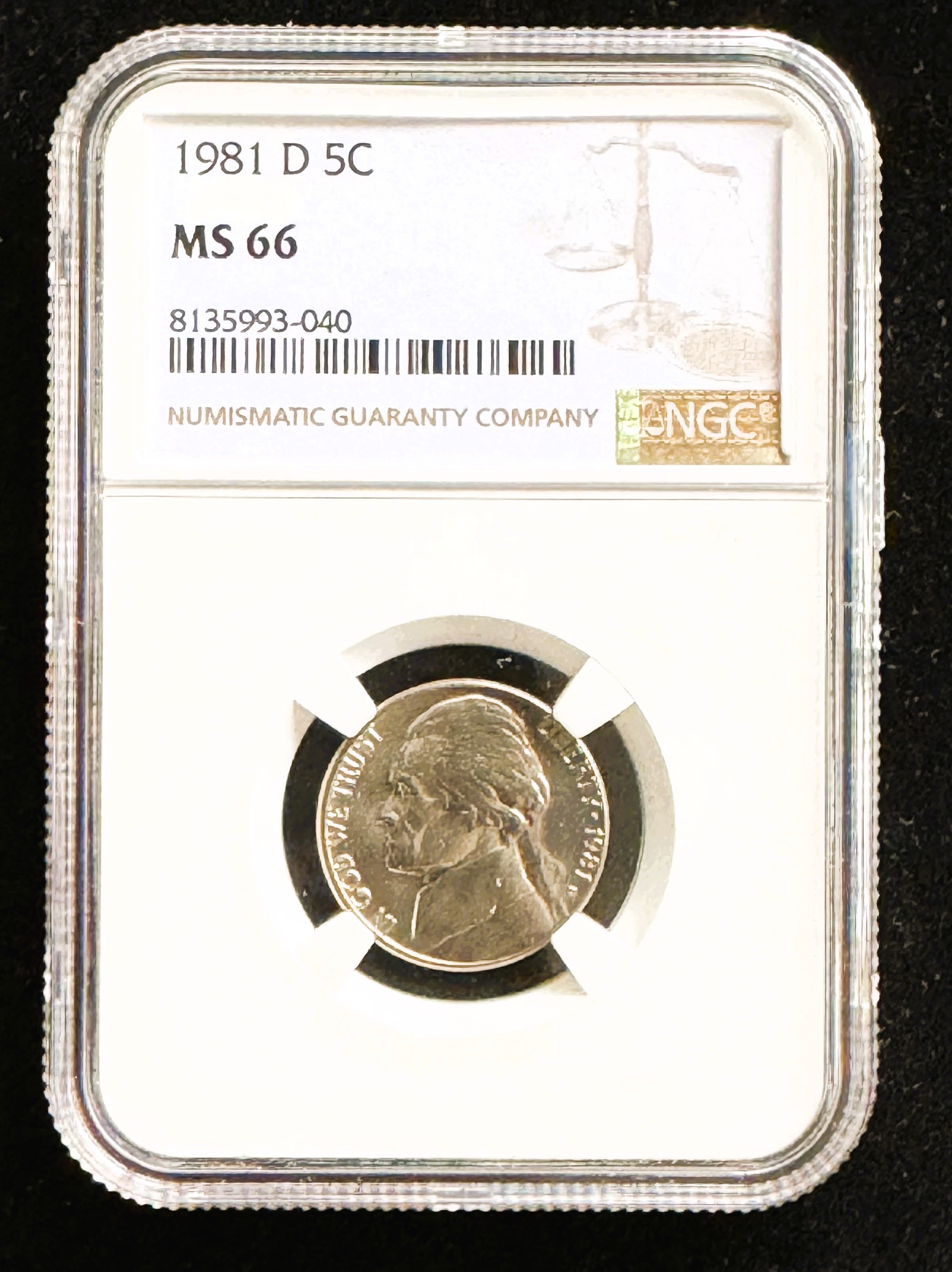 1981-D JEFFERSON NICKEL, NGC GRADED MS-66 COIN IN THE SLAB