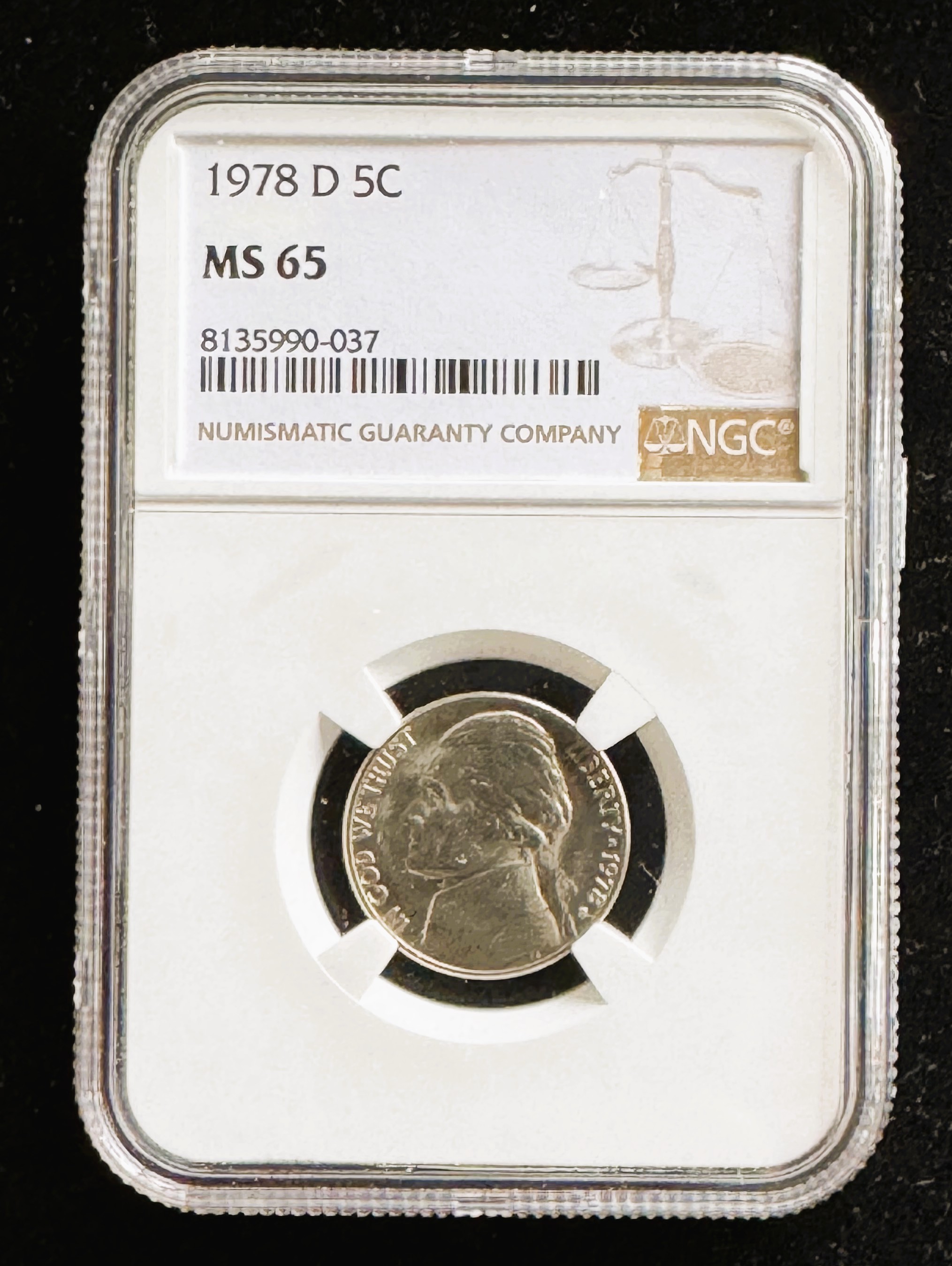 1978-D JEFFERSON NICKEL, NGC GRADE MS-65 IN THE SLAB