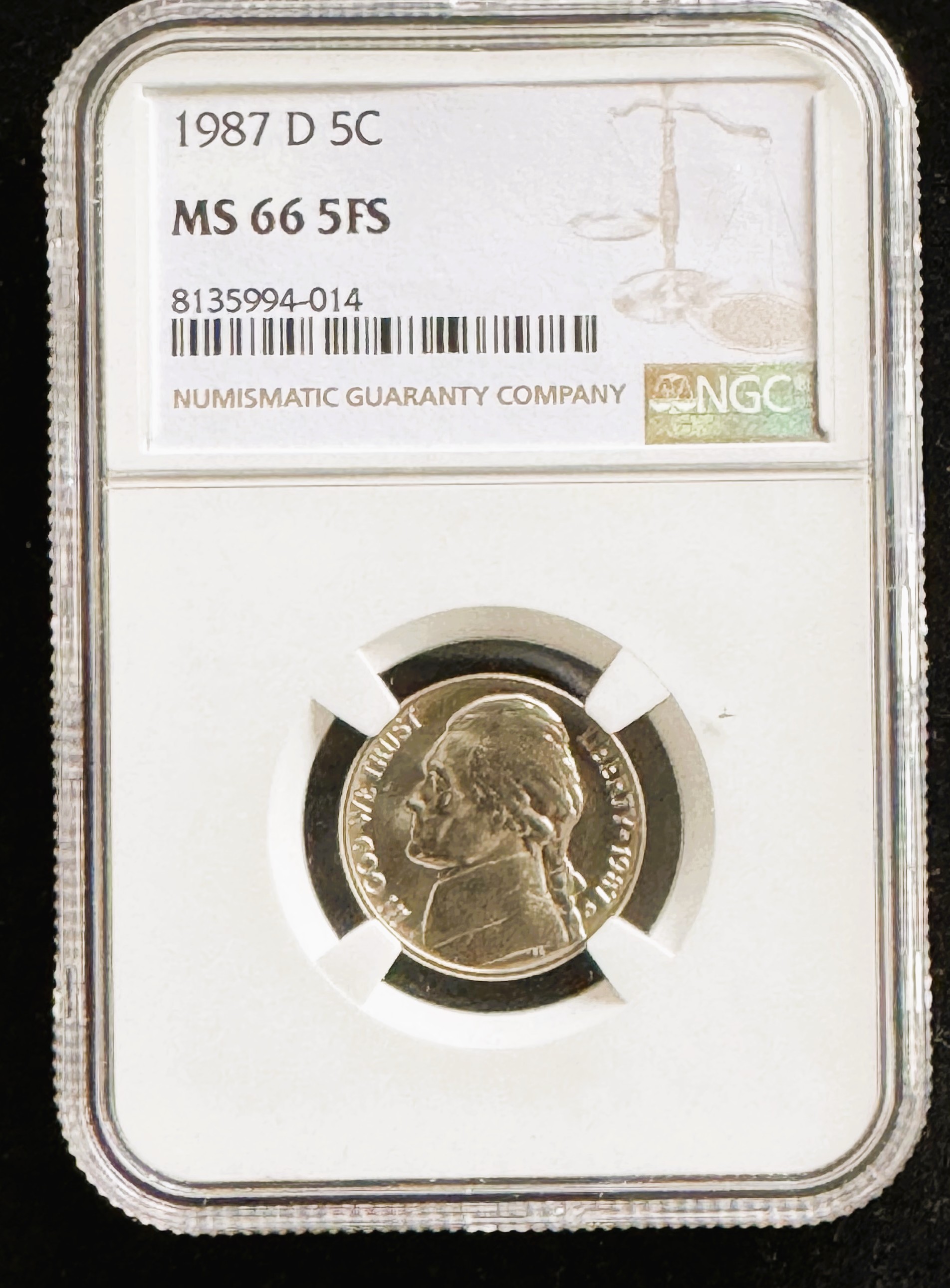 1987-D JEFFERSON NICKEL, NGC HIGH GRADE MS-66 5FS COIN IN THE SLAB