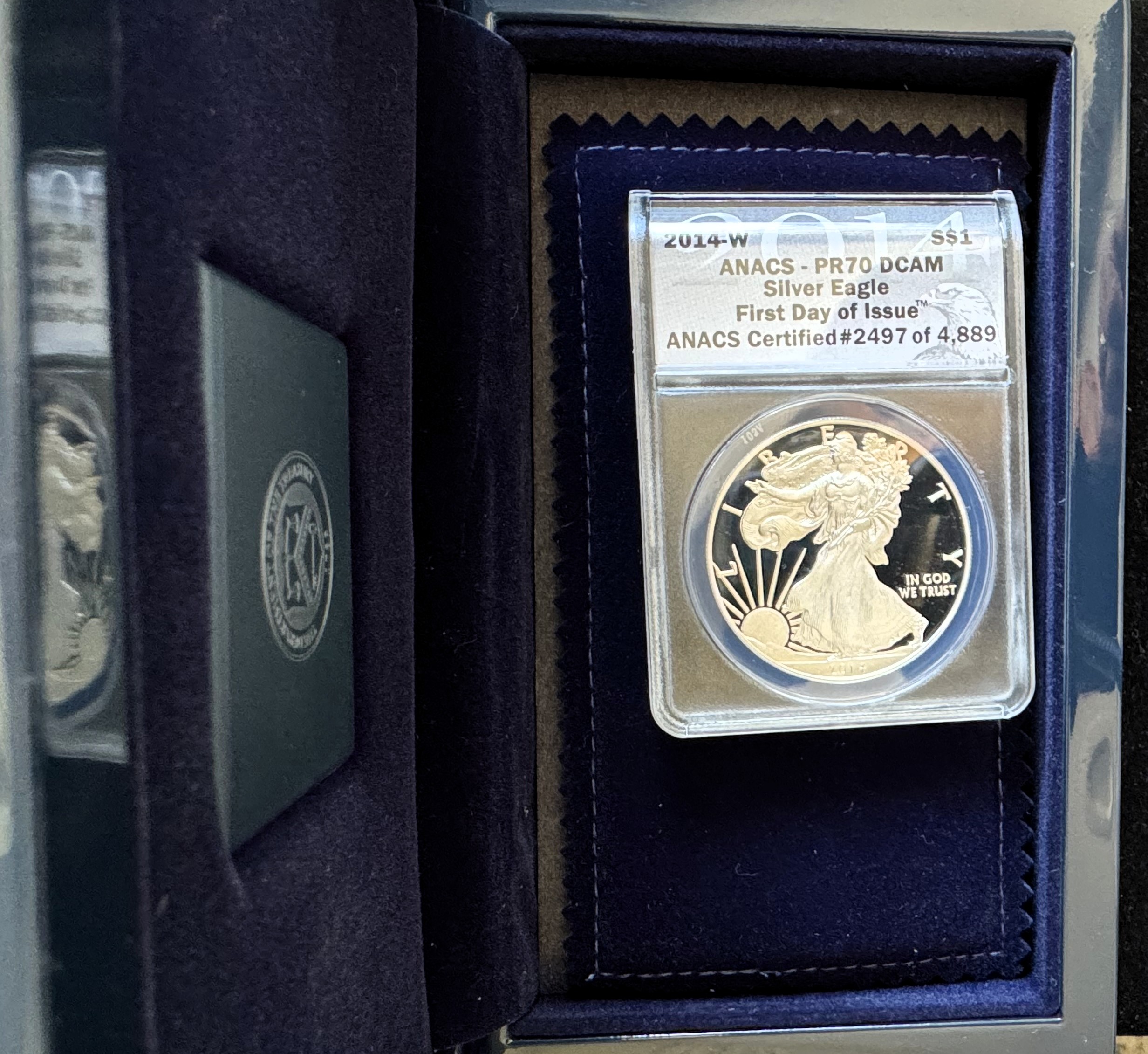 2014-W VERY HIGH GRADED ANACS-PR-70 DEEP CAMEO SILVER EAGLE $1 DOLLAR COIN, FIRST DAY OF ISSUE, ORIG US MINT NICE HARD CASE, BOX