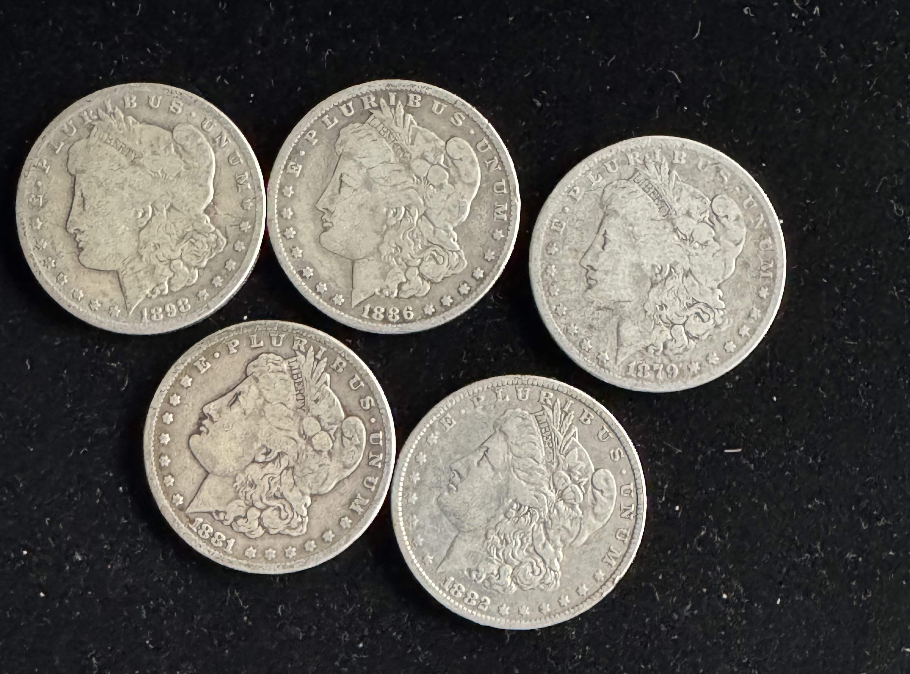 5 MORGAN SILVER DOLLARS, 1882-O, 1898-S, 1886-O, 1879, 1881-S, CLEAR DETAILS