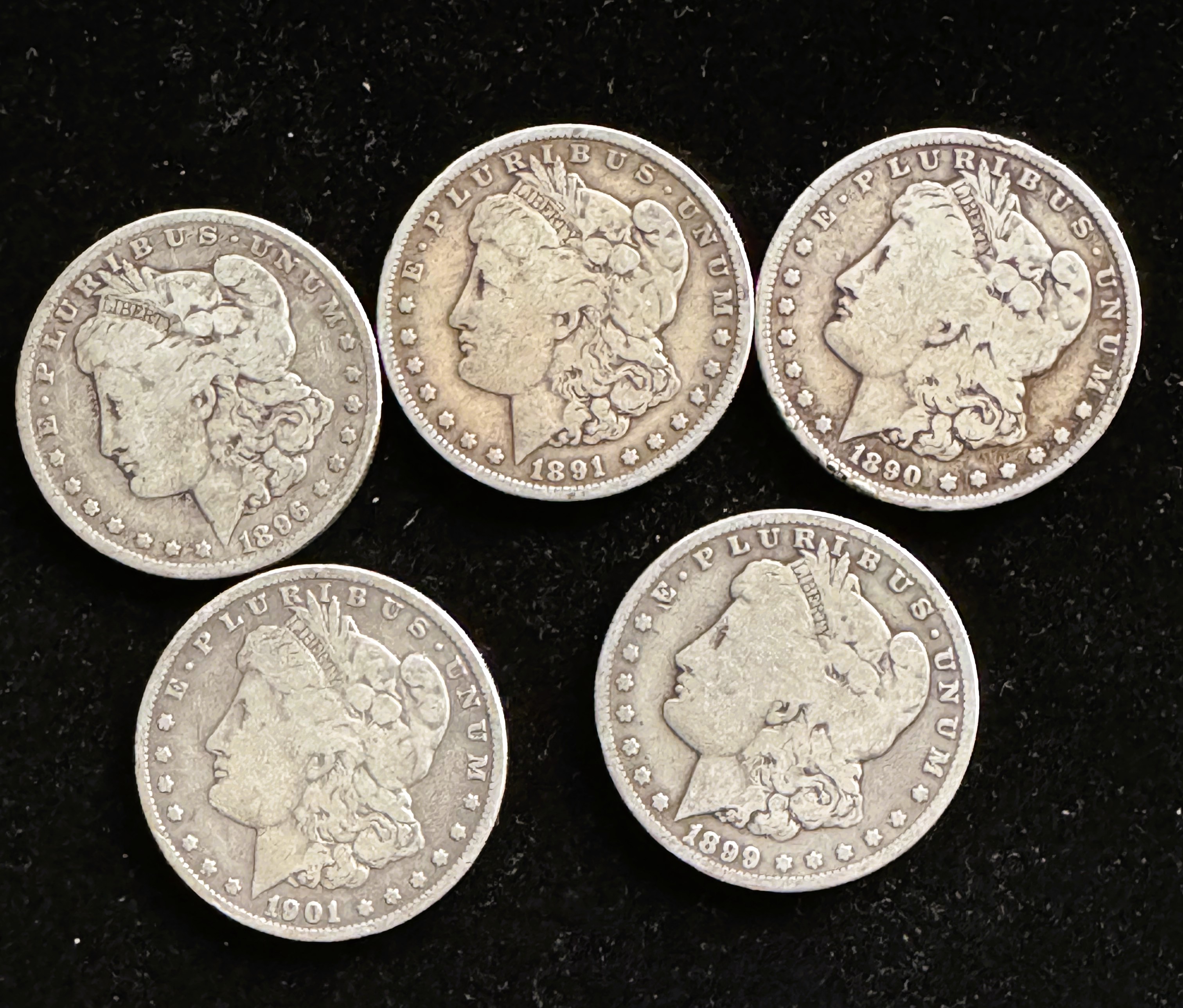 5 MORGAN SILVER DOLLARS, VARIOUS DATES 1901-O, 1899-O, 1896-O, 1891-O, 1890-O, CLEAR DETAILS