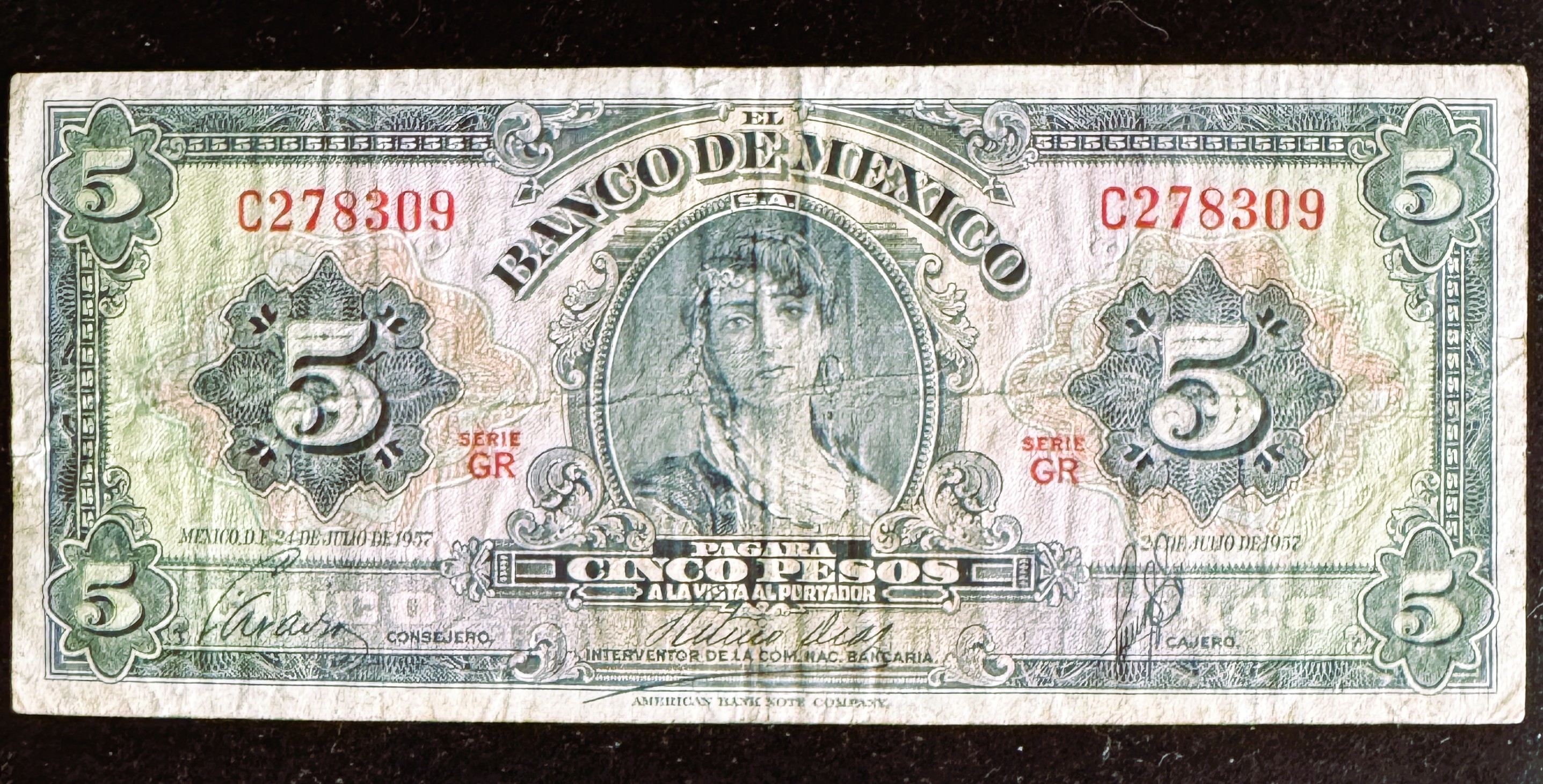 MEXICO 1957 SIRIE GR, 5 CINCO PESOS