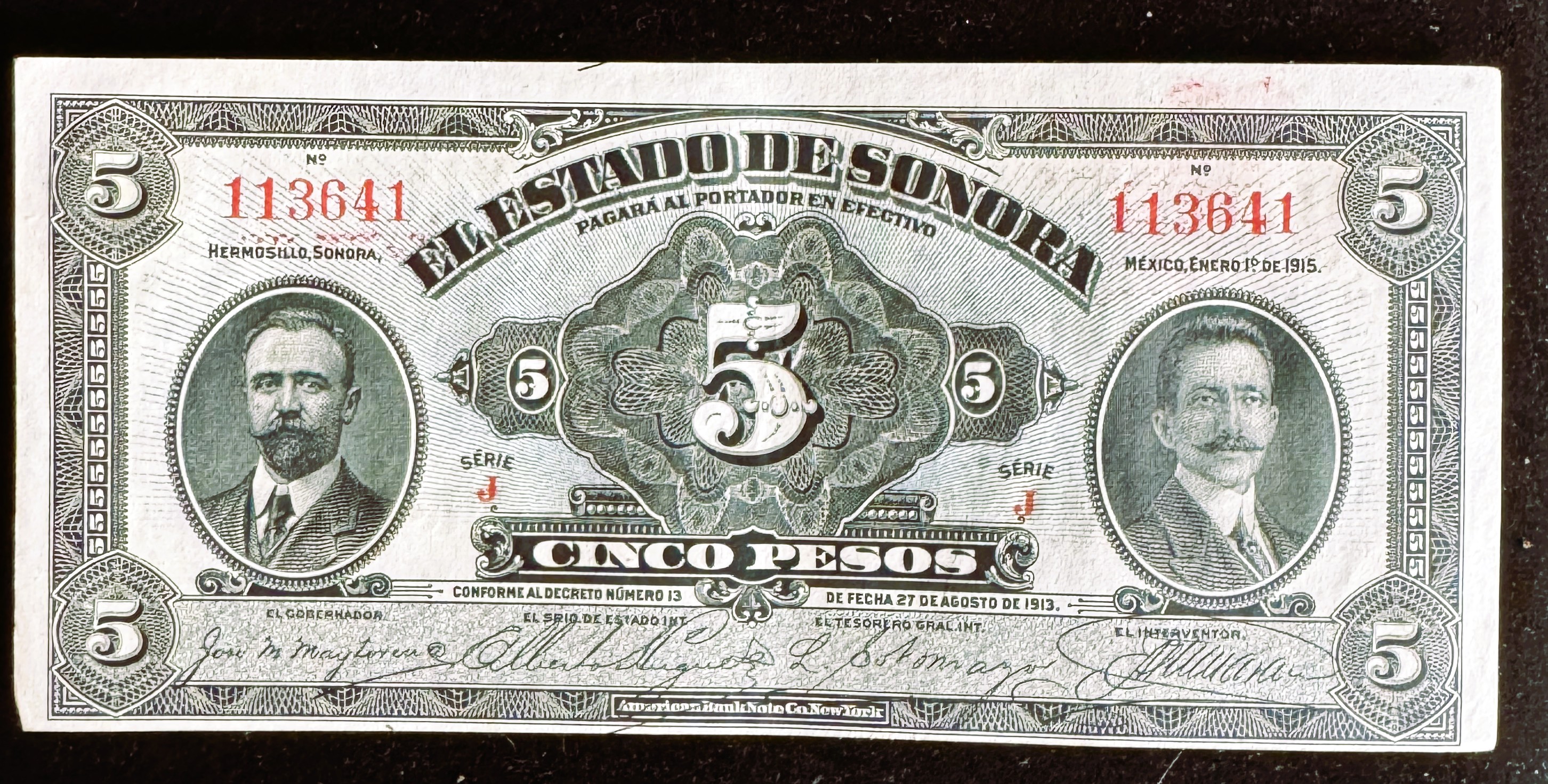 MEXICO 1913 SIRIE J, HERMOSILLO SONORA, 5 PESOS, AU VERY NICE CRISP IN SLEVE