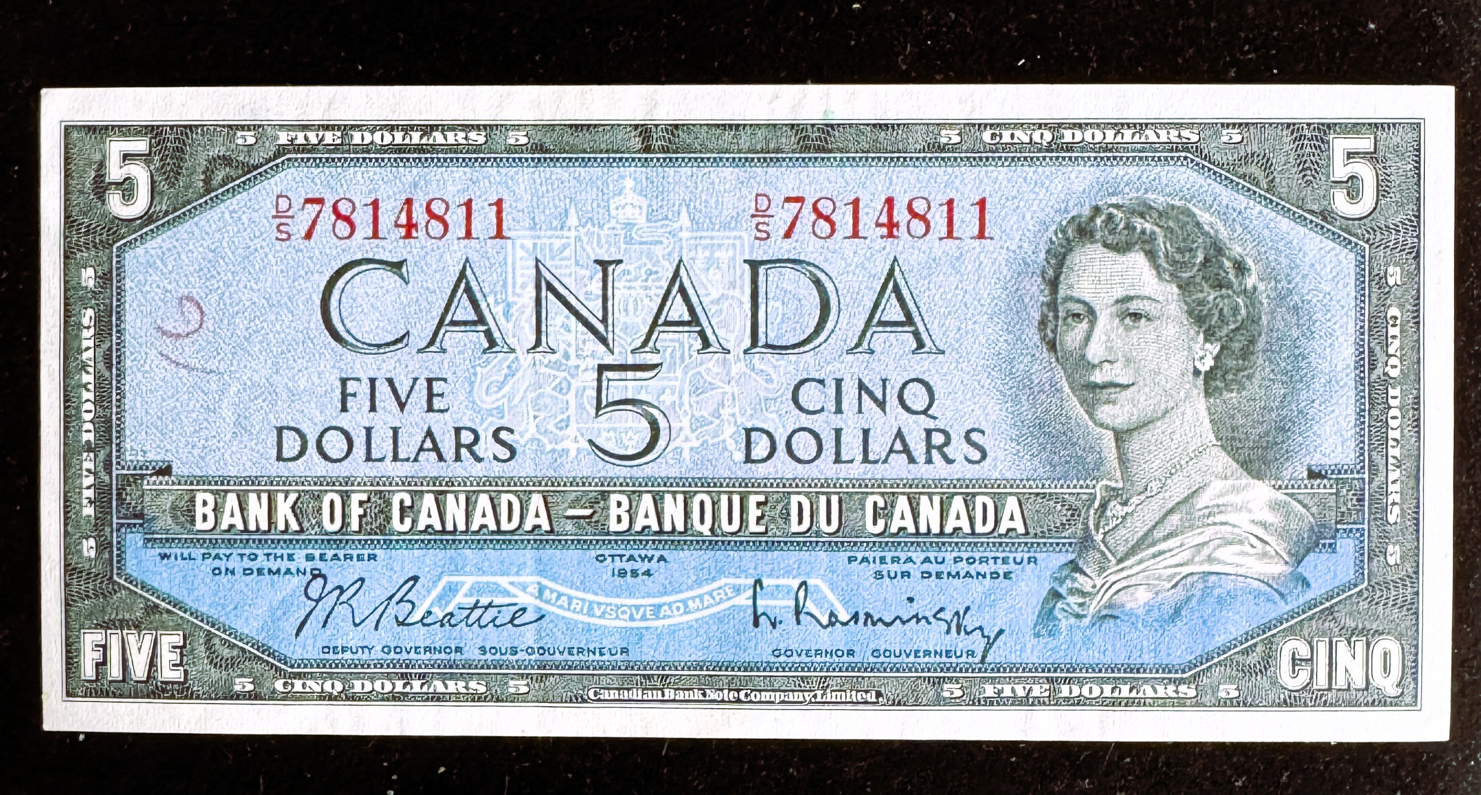 1954 SERIES OTTAWA CANADA $5 DOLLAR CURRENCY CRISP IN A SLEVE