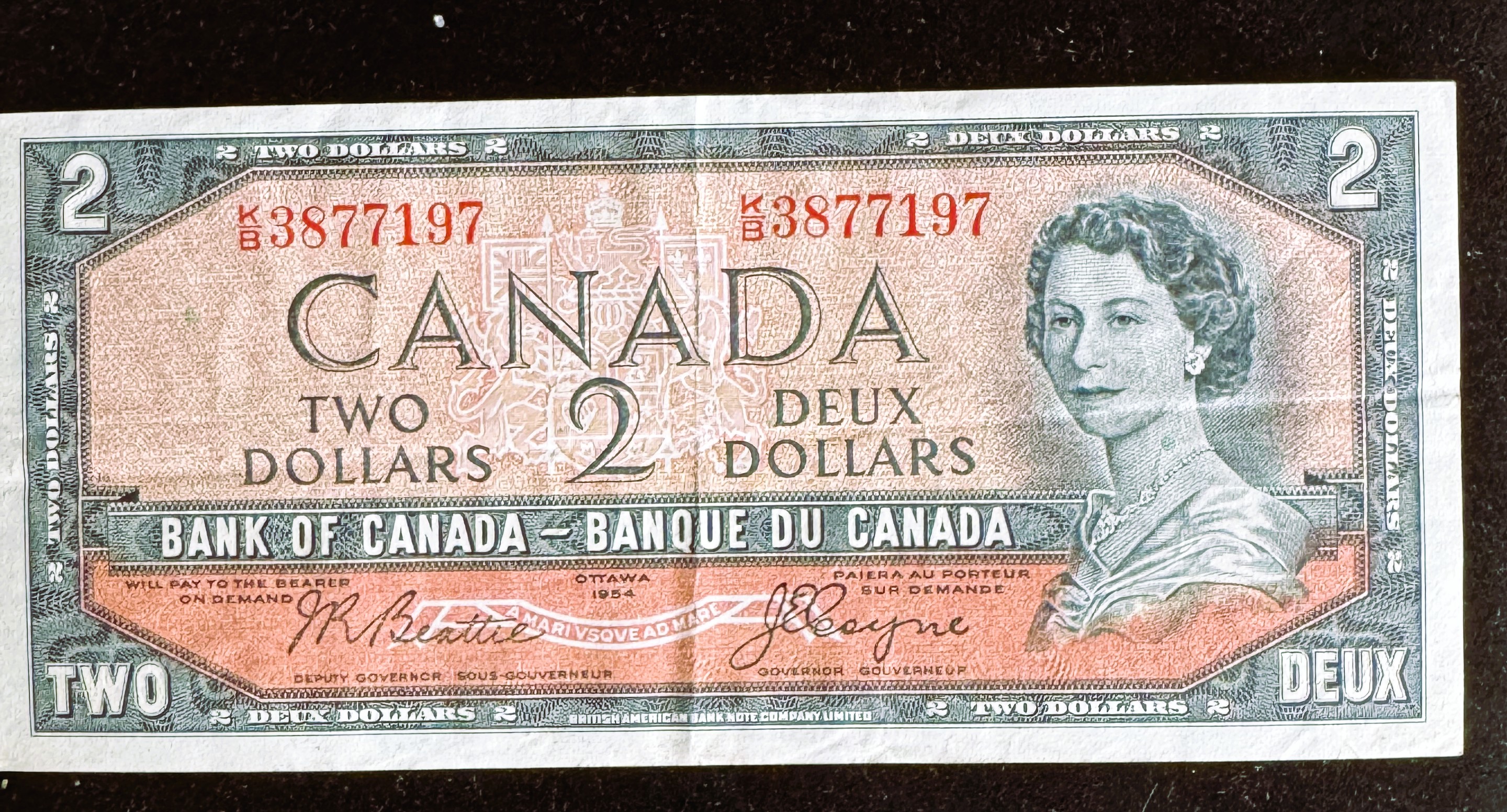 1954 SERIES OTTAWA CANADA $2 DOLLAR CURRENCY UNC CRISP IN A SLEVE