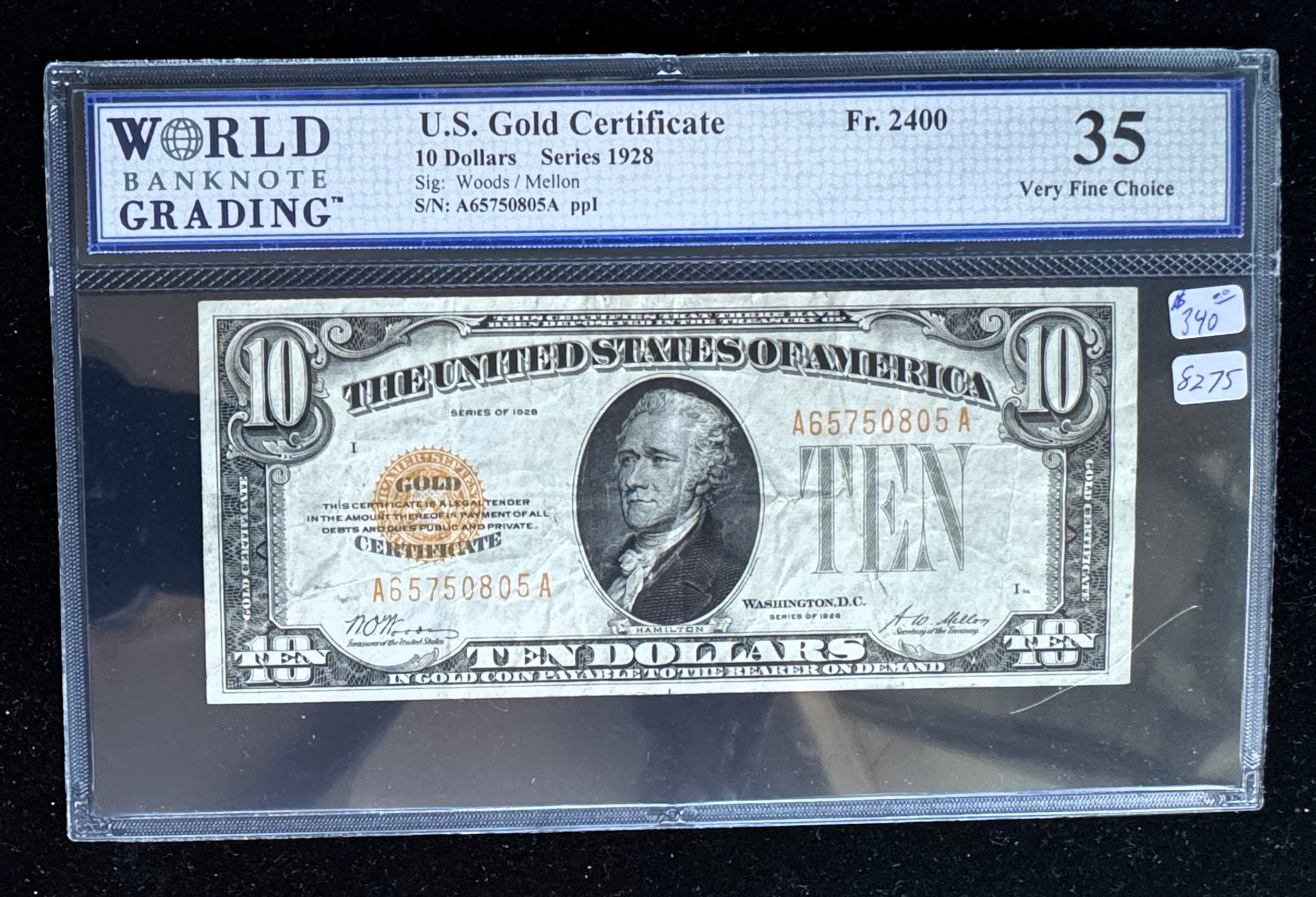 1928 SERIES GOLD CERTIFICATE $10 DOLLARS, WBG GRADED-35 VERY FINE CHOICE, GEM