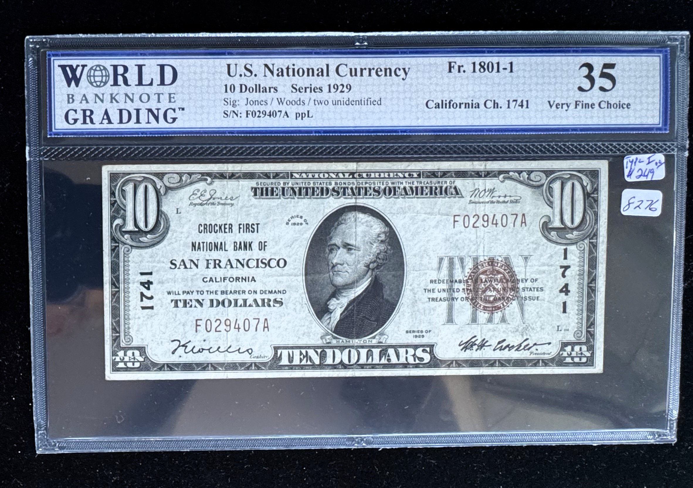 1929 SERIES U.S. NATIONAL CURRENCY, SAN FRANCISCO, WBG GRADED-35 VERY FINE CHOICE, TYPE I RED SEAL, GEM