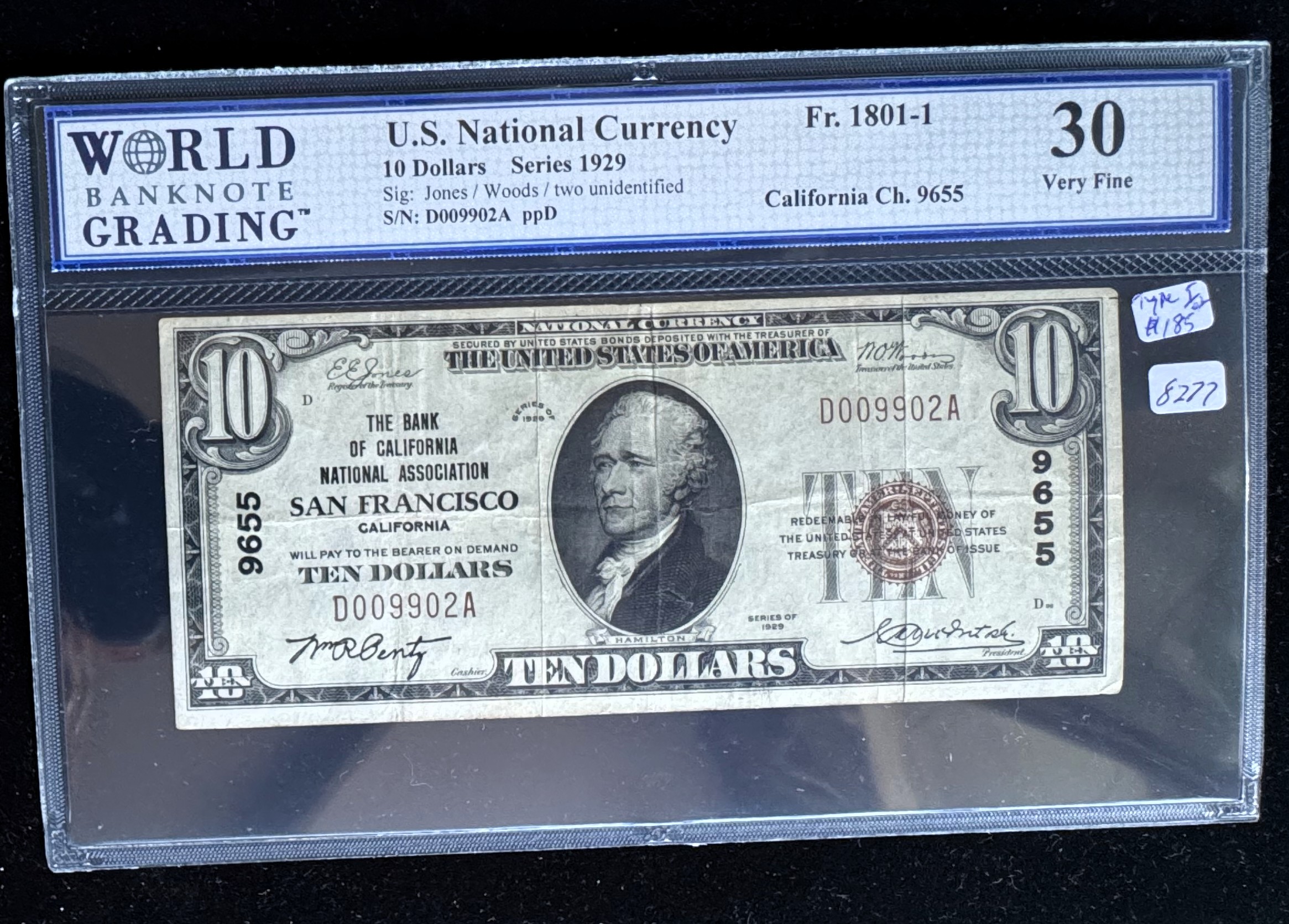 1929 SERIES U.S. NATIONAL CURRENCY, SAN FRANCISCO, WBG GRADED-30 VERY FINE, TYPE I RED SEAL
