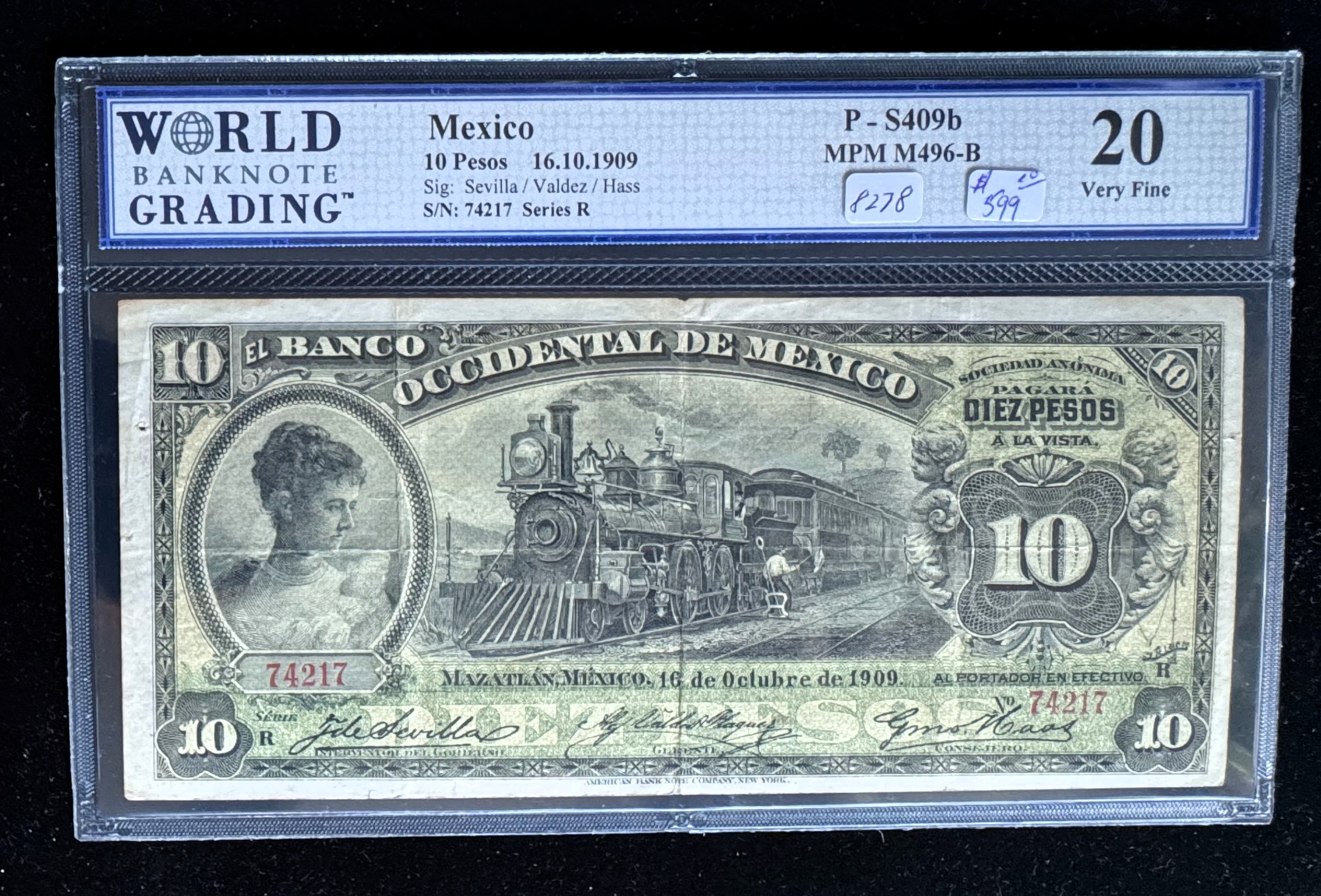 1909 SERIES MEXICO, MAZATLAN, 10 PESOS CURRENCY, WBG GRADED-20 VERY FINE, VERY SCARCE IN THIS CONDITION (STAMP AND SEAL ON REVERSE)
