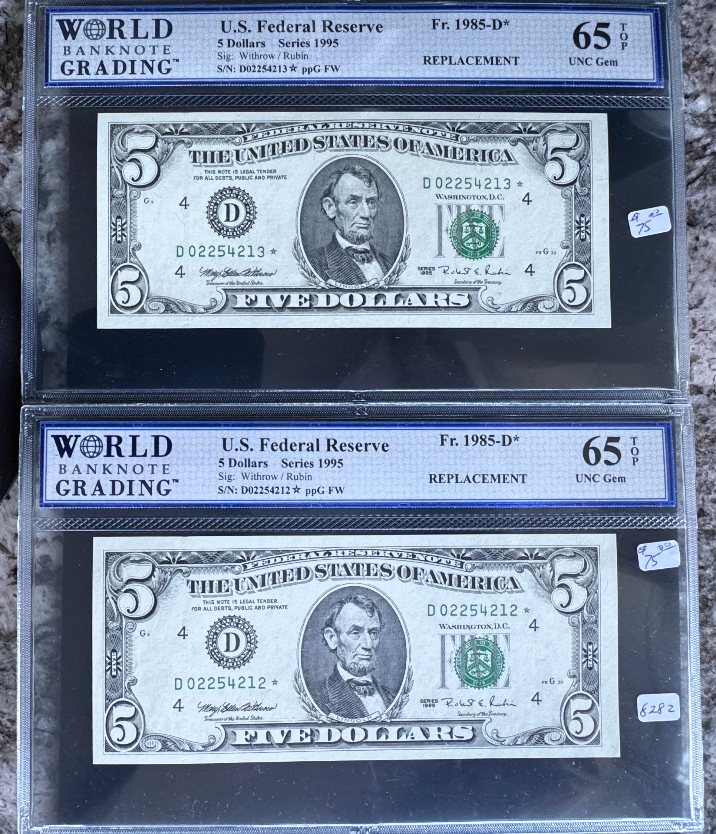 1995 SERIES (TWO) $5 DOLLARS FRN *STAR NOTES*  WITH CONSECUTIVE SERIAL NUMBERS, WBG HIGH GRADE-65 TOP UNCIRCULATED CHOICE, GEMS