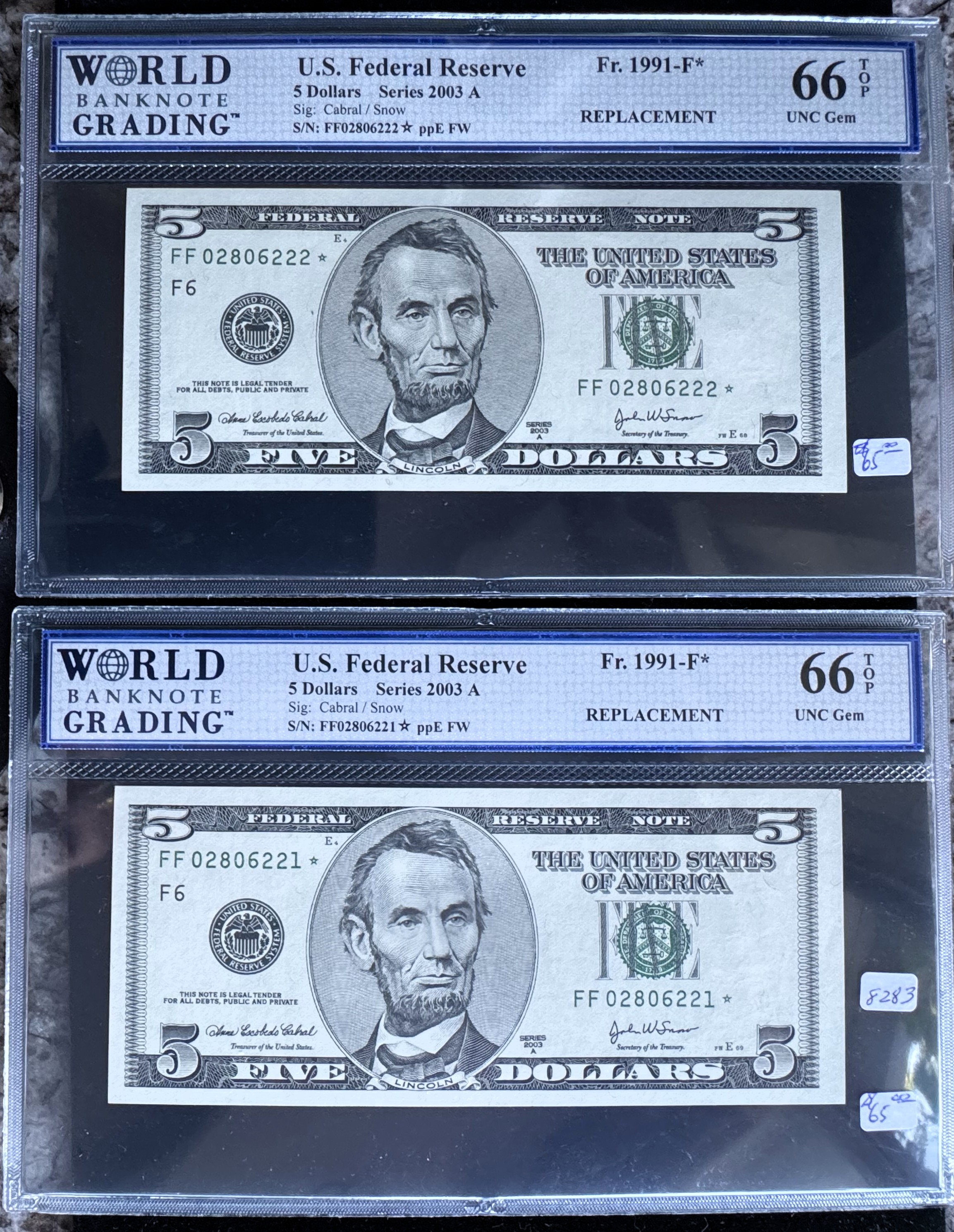 2003 A SERIES (TWO) $5 DOLLARS *STAR NOTES* WITH CONSECUTIVE SERIAL NUMBERS, HIGH GRADE WBG -66 TOP UNCIRCULATED GEMS, GREEN SEALS